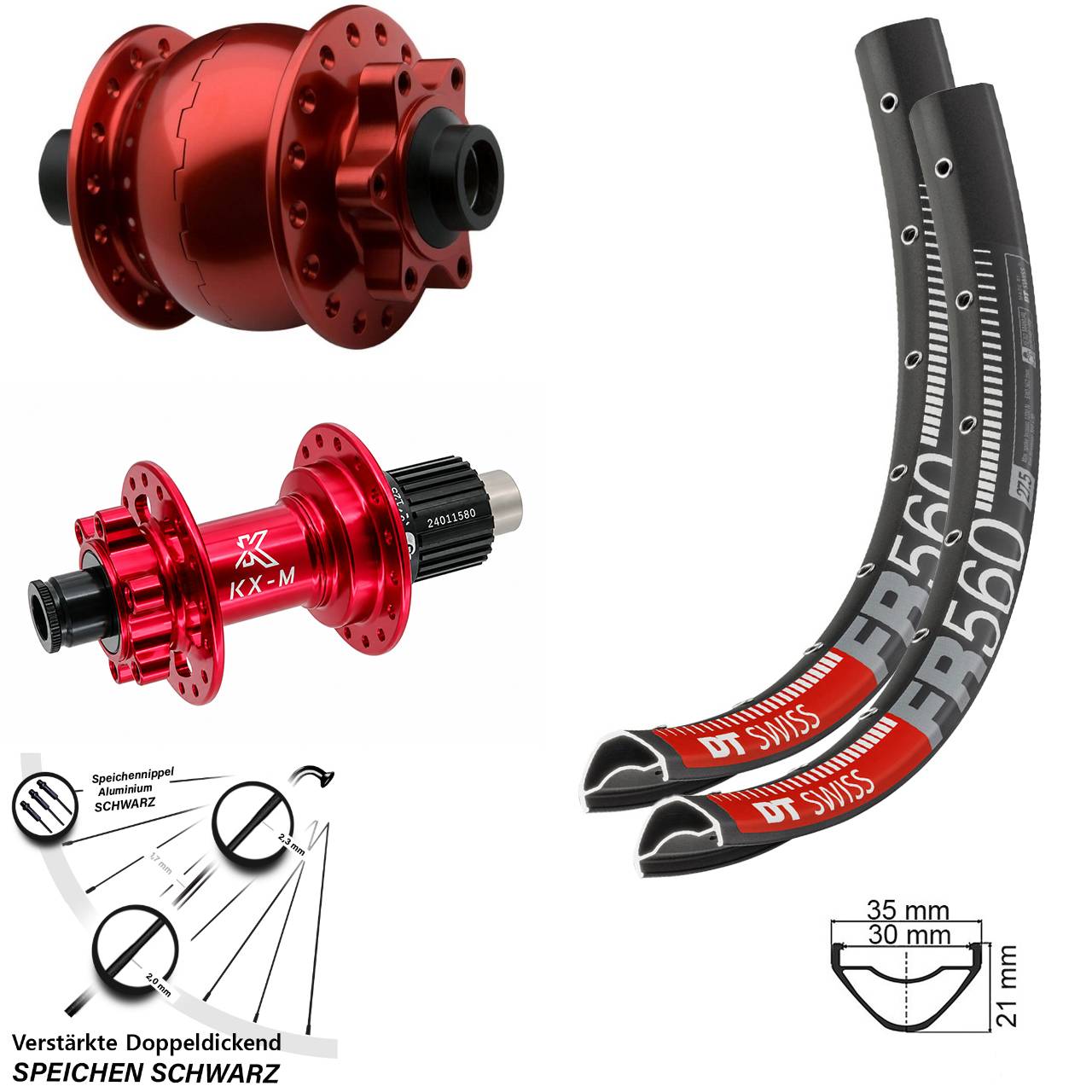 Laufradsatz 6-Loch 15x100 12x142 26 Zoll DT Swiss FR 560 KX-M rot SON 28 Micro Spline