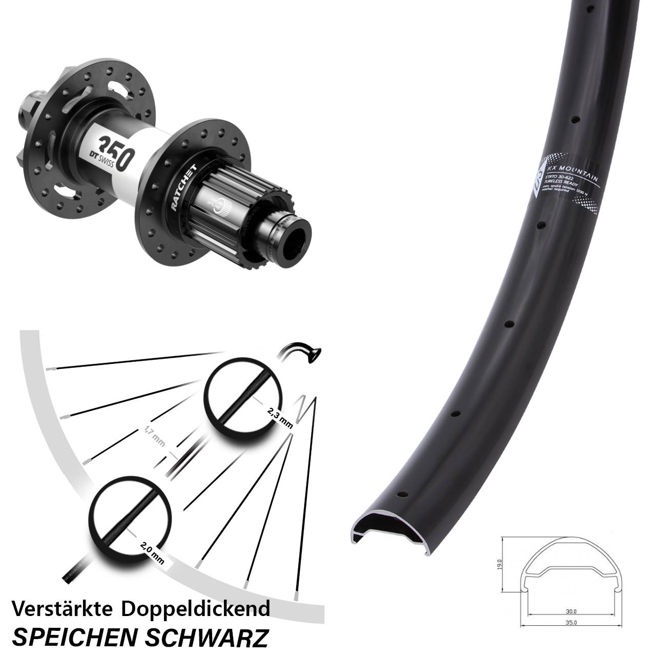 Boost 6-Loch Hinterrad 12x148 29 Zoll KX Mountain TR DT Swiss 350 Ratchet 36 Micro Spline