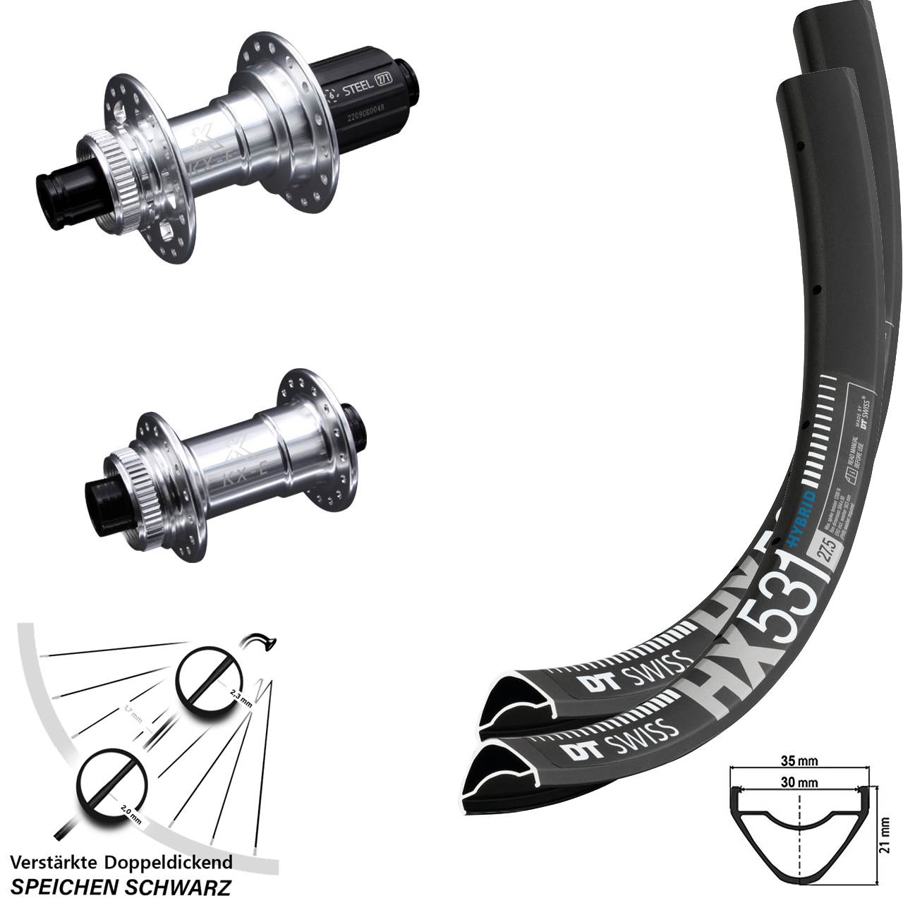 27,5 Zoll DT Swiss HX 531 KX-E 4 Kugellager Laufradsatz 15x100 12x142 8-12 fach HG