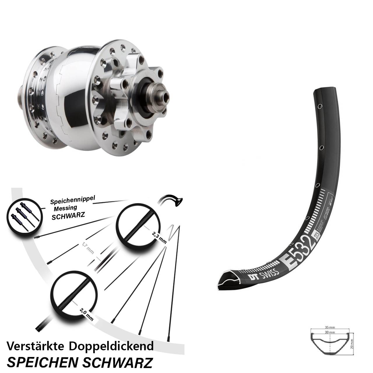 SON 28 poliert DT Swiss E532 27,5 Zoll Disc Laufrad mit Nabendynamo für Schnellspanner