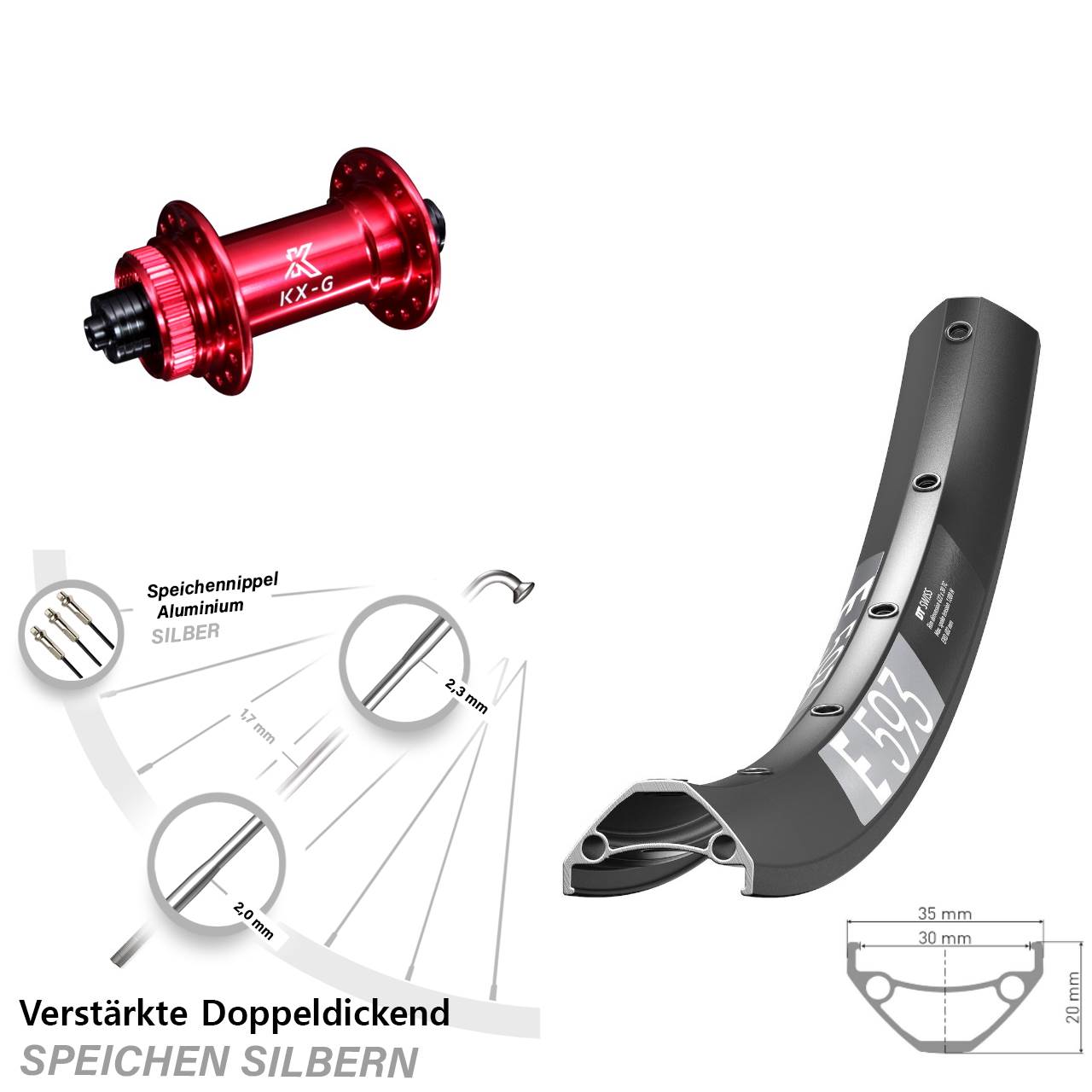 29 Zoll DT Swiss E 593 KX-G rot Centerlock Vorderrad für Schnellspanner