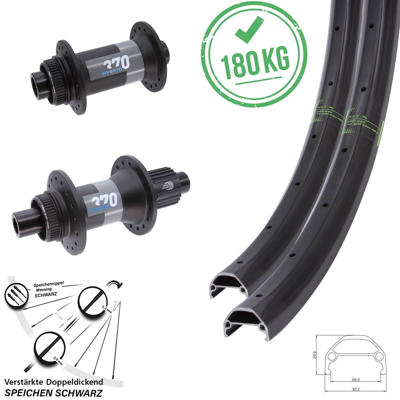 Disc Laufradsatz 15x110 12x148 20/29 Zoll KX Evo DT Swiss 370 Hybrid Micro Spline