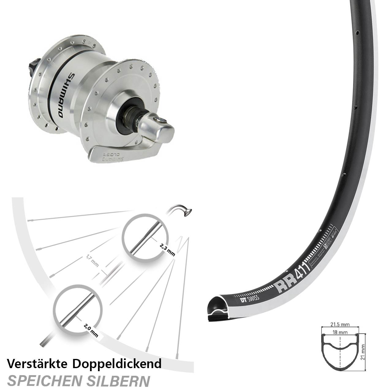 28 Zoll DT Swiss RR 411 Shimano DH-3N72 Nabendynamovorderrad für Schnellspanner