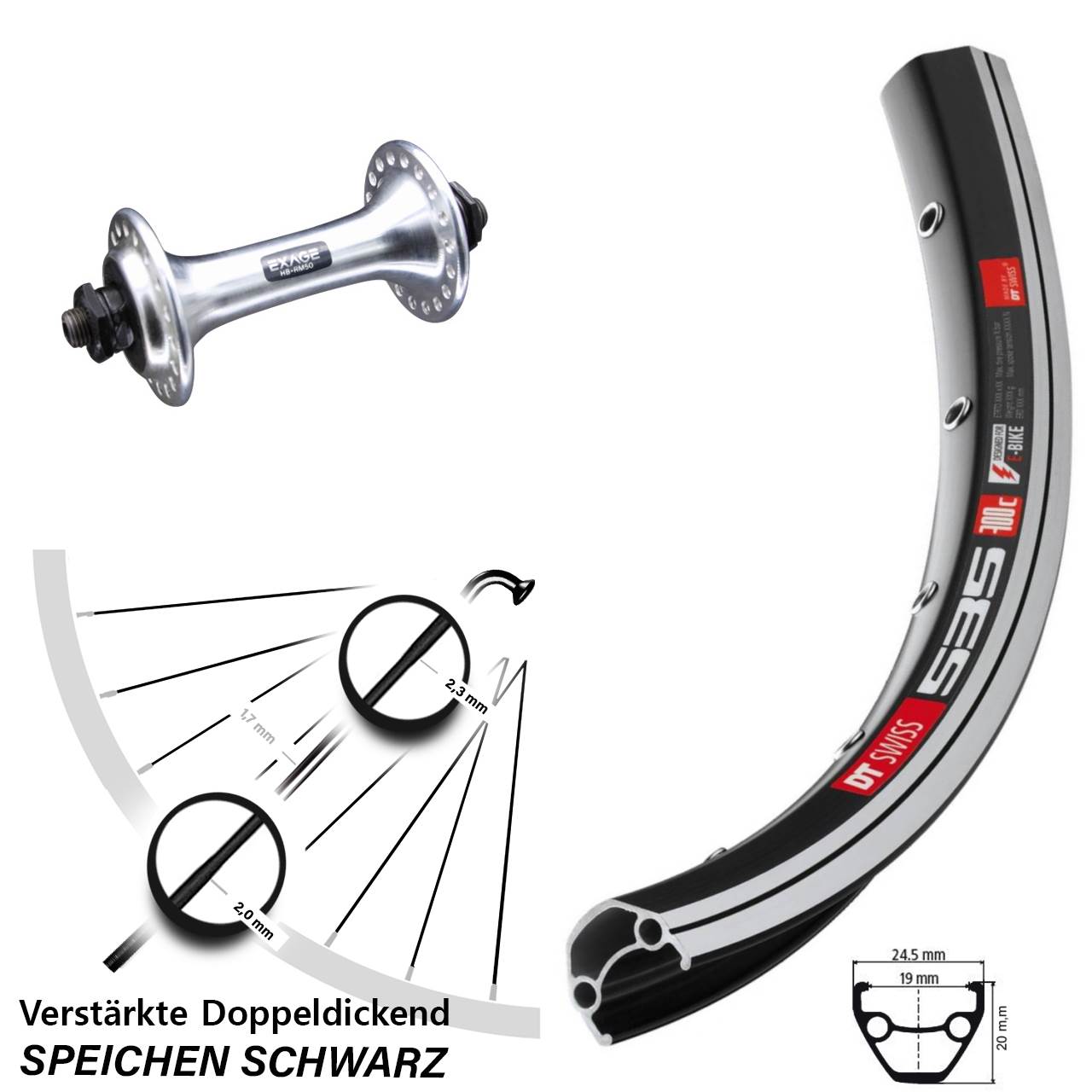 Vorderrad 26 Zoll DT Swiss 535 Shimano Exage QR