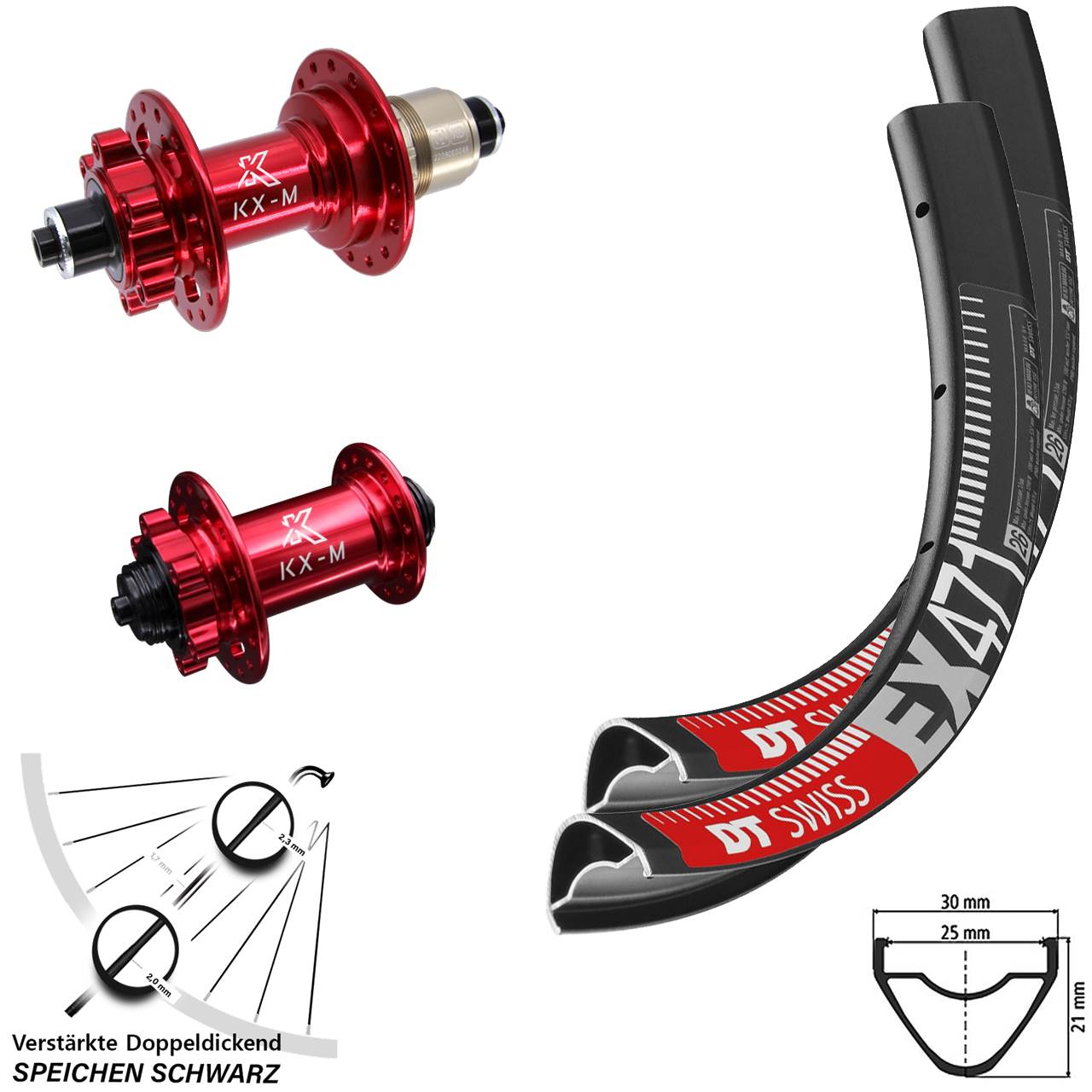 29 Zoll 6-Loch Laufradsatz DT Swiss EX 471 KX-M rot XD 11-12 fach QR