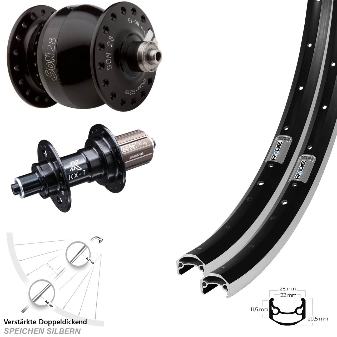 650B Laufradsatz Ryde Andra 35 KX-T SON 28 8-11 fach HG für Schnellspanner