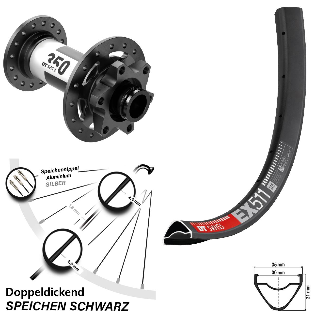 Enduro Vorderrad MTB 350 DT Swiss EX 511 29 Zoll Boost 6-Loch 15x110 mm Steckachse