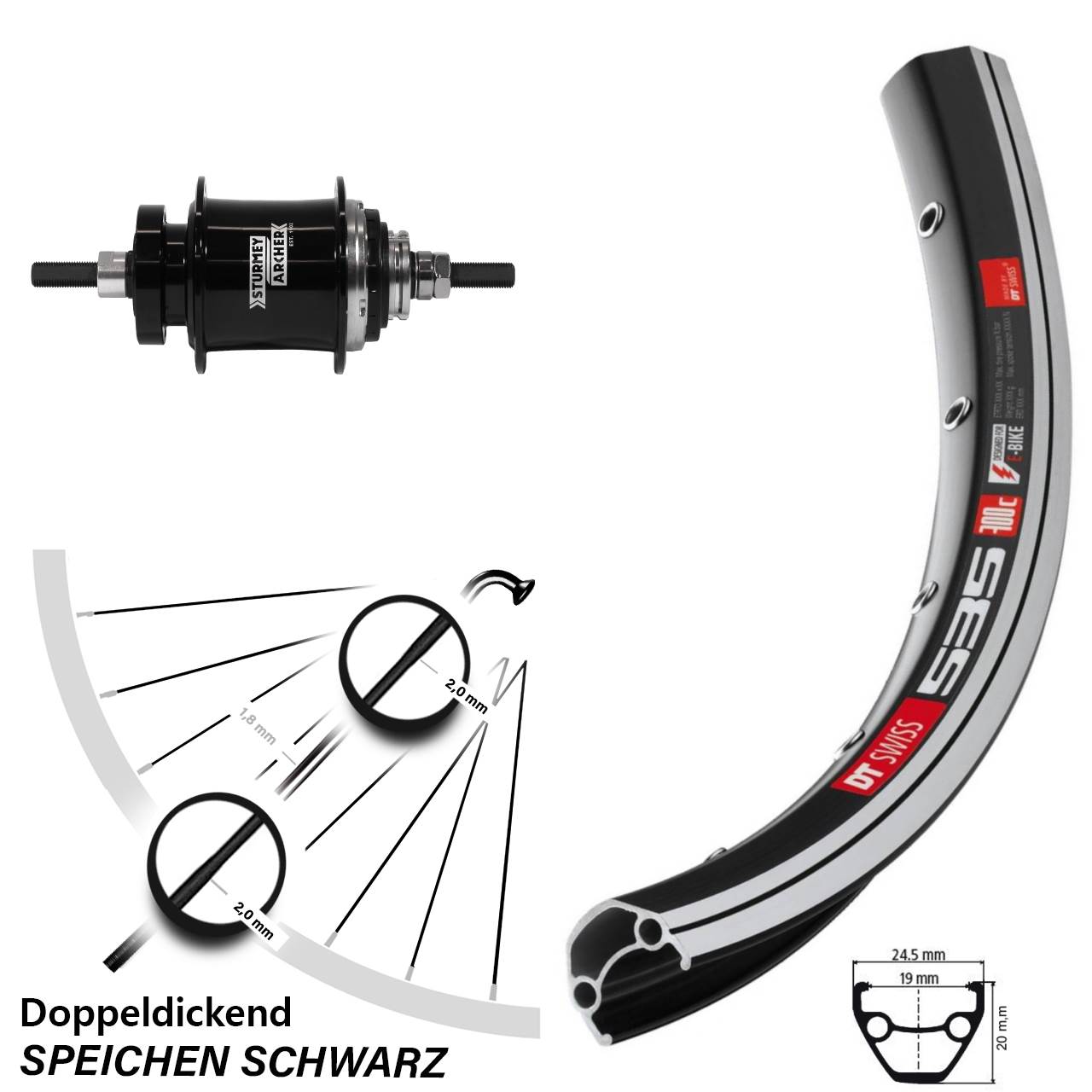 Hinterrad 28 Zoll DT Swiss 535 Sturmey Archer Automatic 2 Gang schwarz
