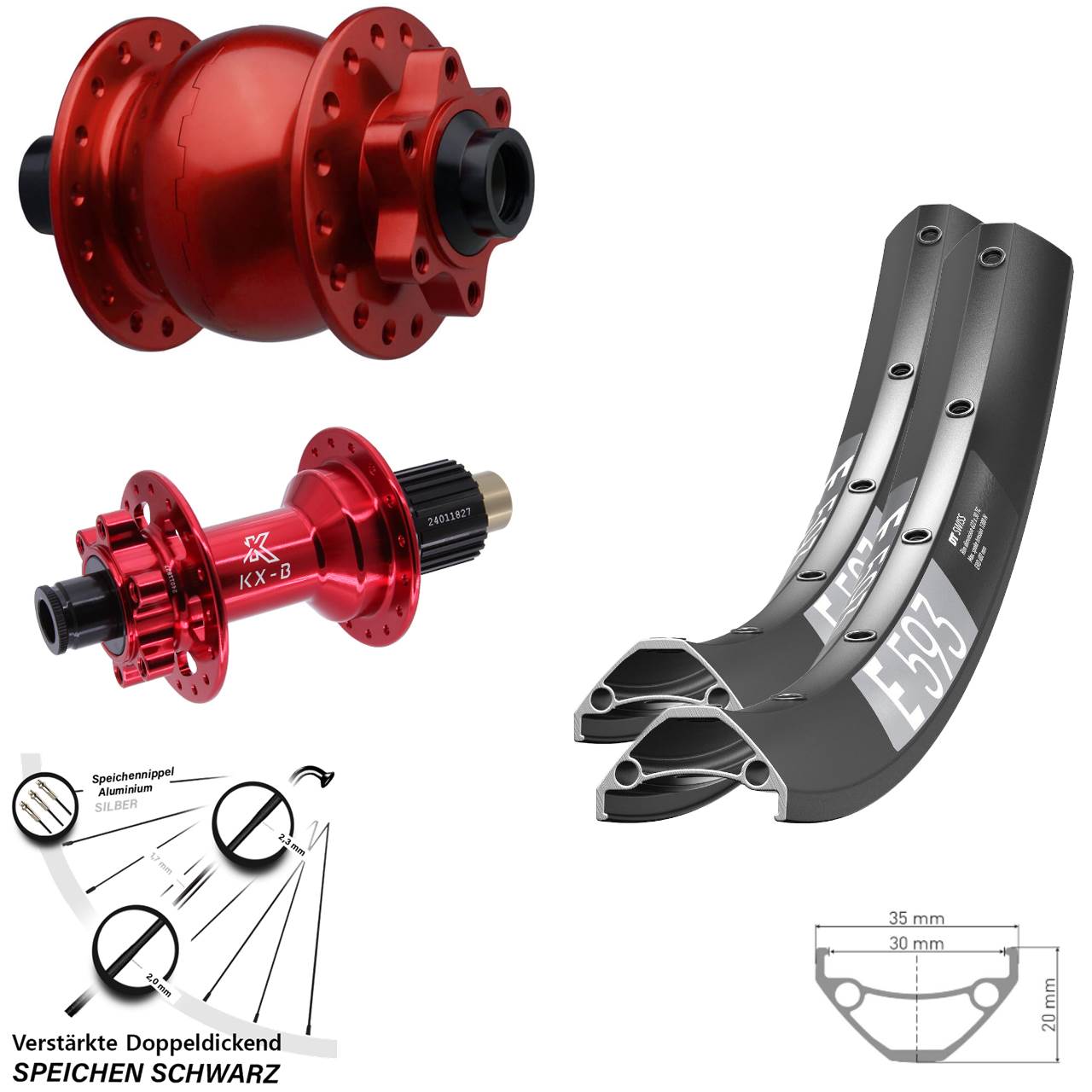 DT Swiss E 593 KX-B rot SON 28 29 Zoll Disc Laufrad-Satz 15x110 12x148 Micro Spline