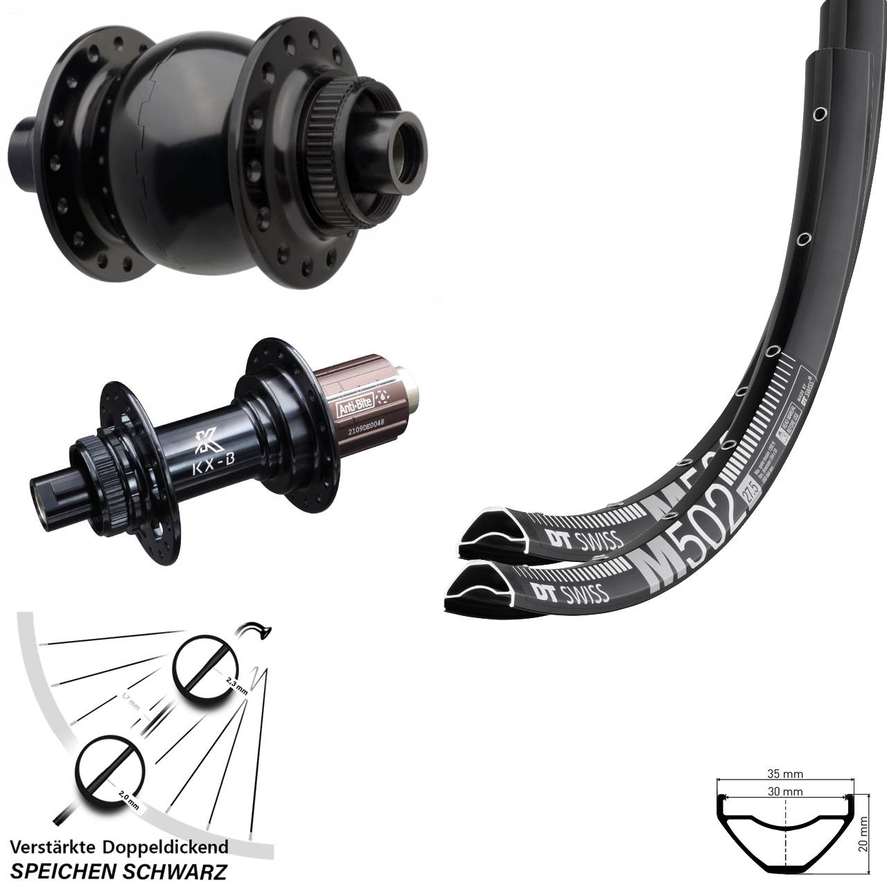 Disc Laufradsatz 27,5 Zoll DT Swiss M 502 KX-B SON 28 8-12 fach 15x110 12x148 Boost
