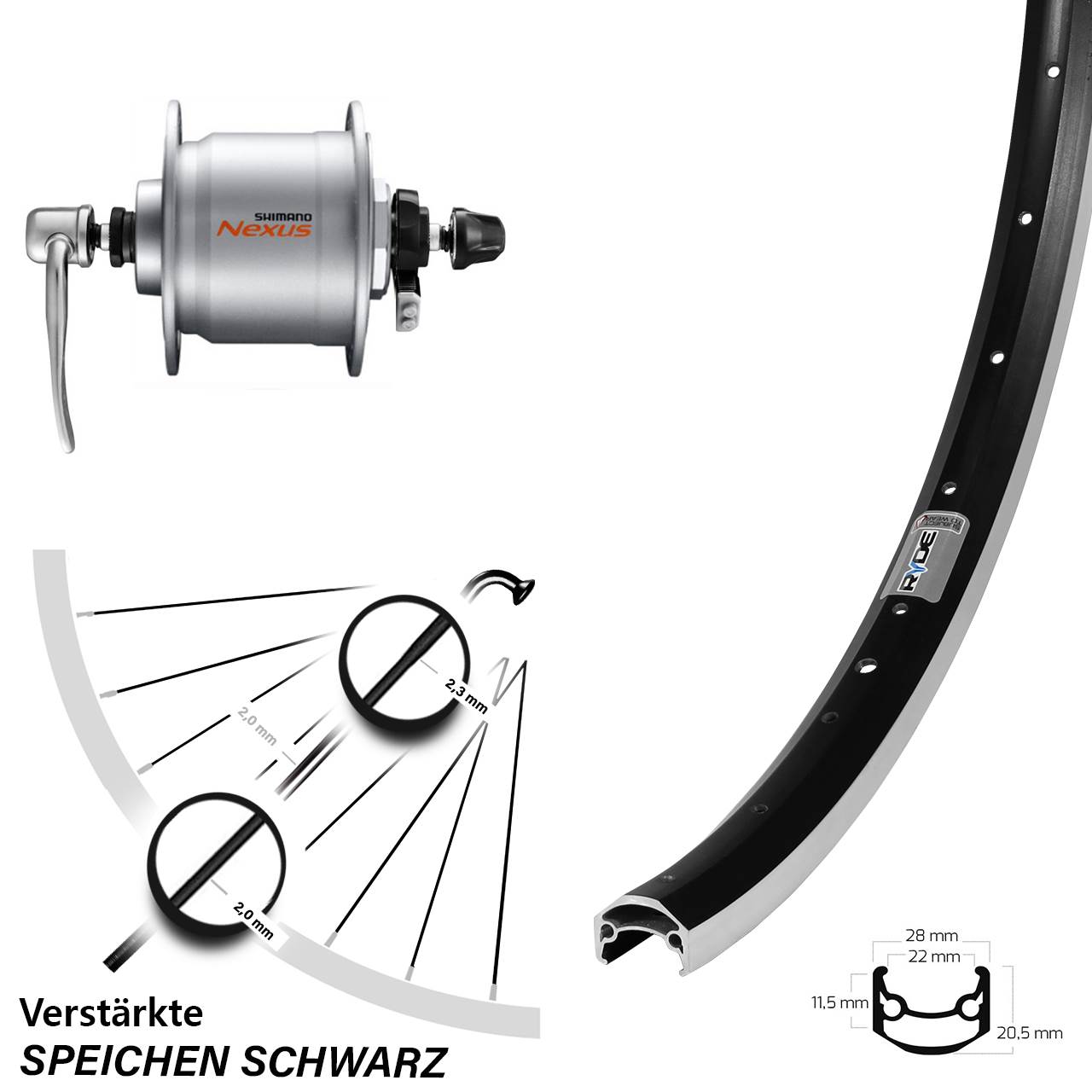 Nabendynamovorderrad für Schnellspanner 27,5 Zoll Ryde Andra 35 Shimano DH-C3000