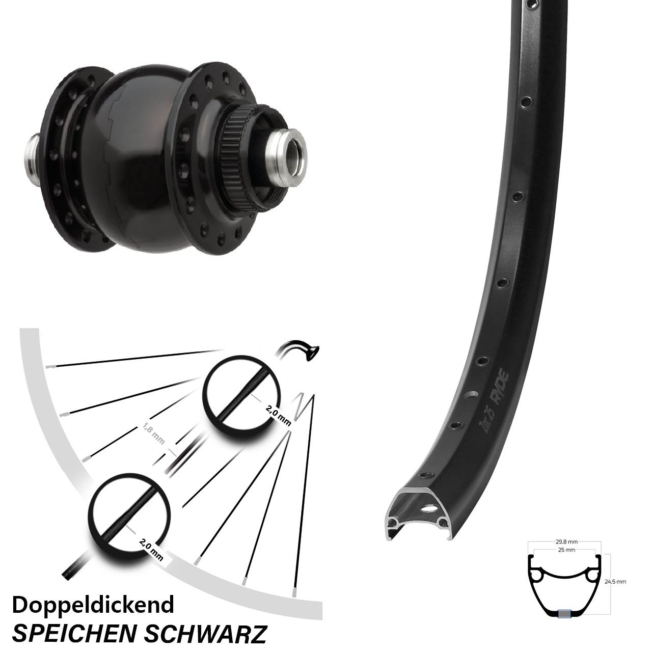 Nabendynamovorderrad Centerlock 12x100 Ryde ZAC 25 SON 28 Zoll