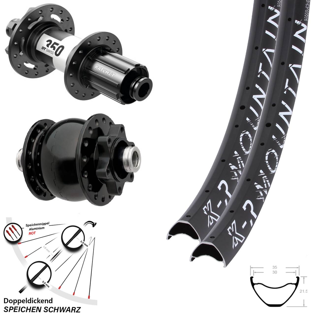 Laufradsatz 29 Zoll KX-R Mountain 6-Loch 12x100/142 schwarz DT Swiss 350 SON 28 Dynamo HG
