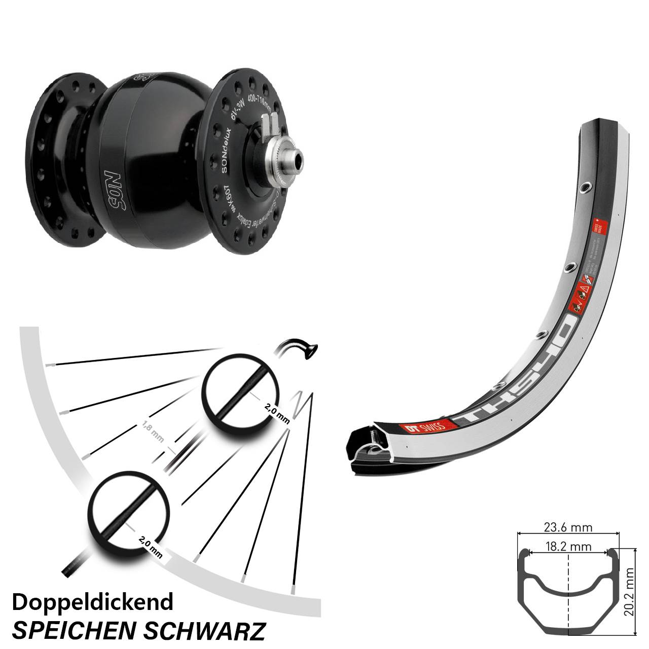 28 Zoll DT Swiss TK 540 SON delux wide body Nabendynamovorderrad für Schnellspanner