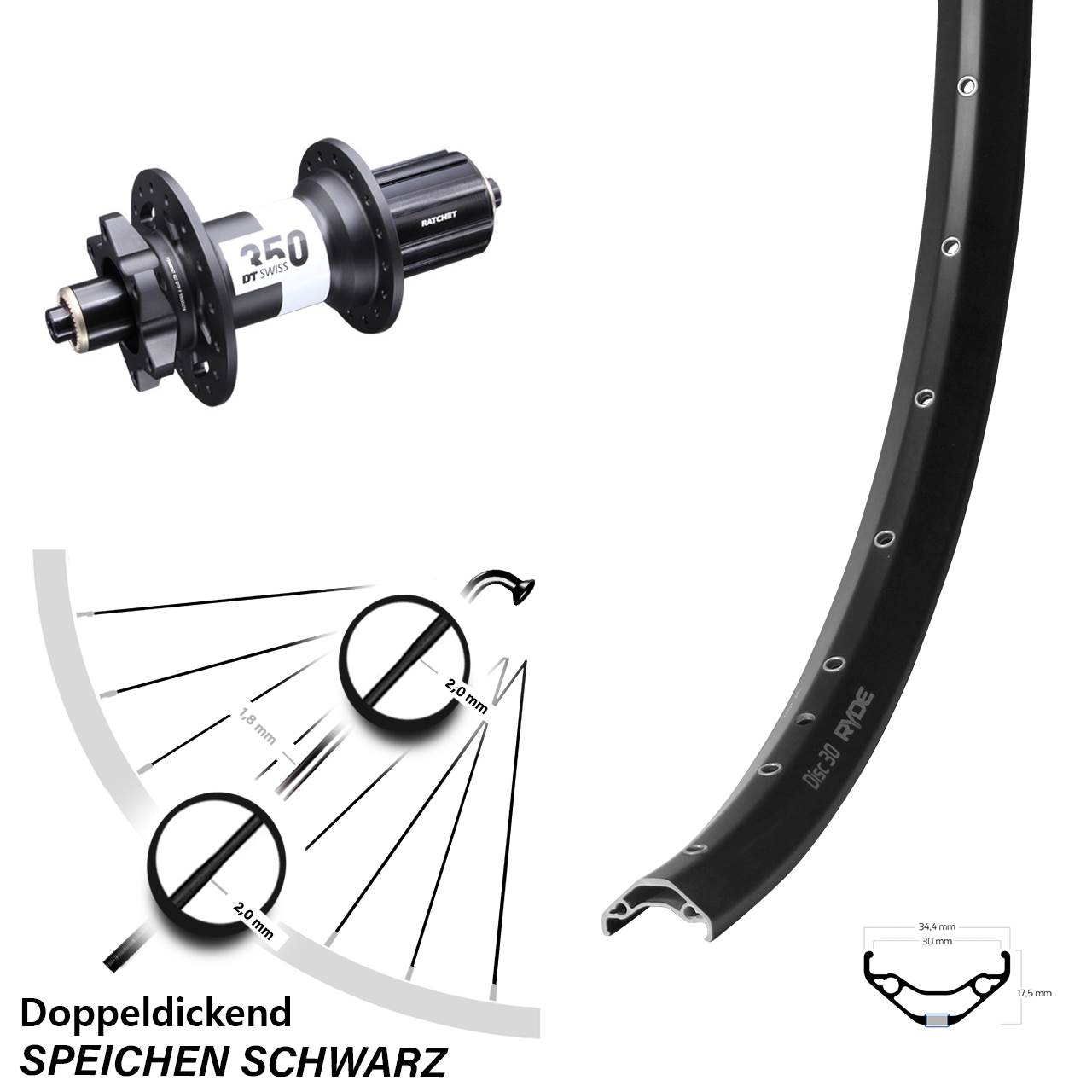 Disc Laufrad 27,5 Zoll Ryde Disc 30 DT Swiss 350 8-11 fach HG QR Boost