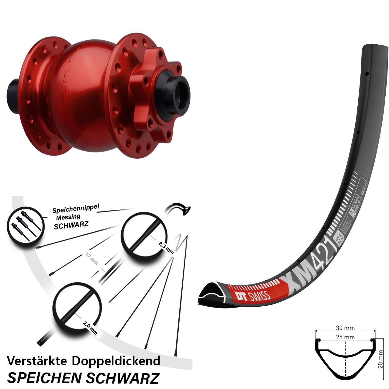 Disc Vorderrad mit Nabendynamo 27,5 Zoll DT Swiss XM421 SON 28 rot 15x110 Boost