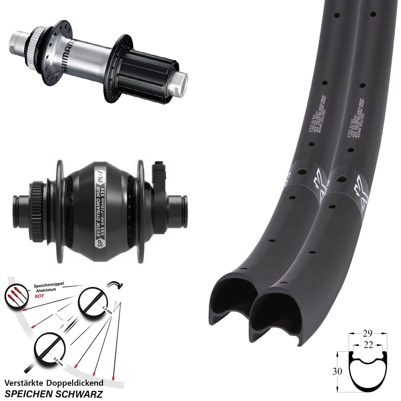 KX-RC Gravel Carbon SP PL-7 Shimano FH-RS770 28 Zoll Laufradsatz 12x100/142 8-12 fach HG