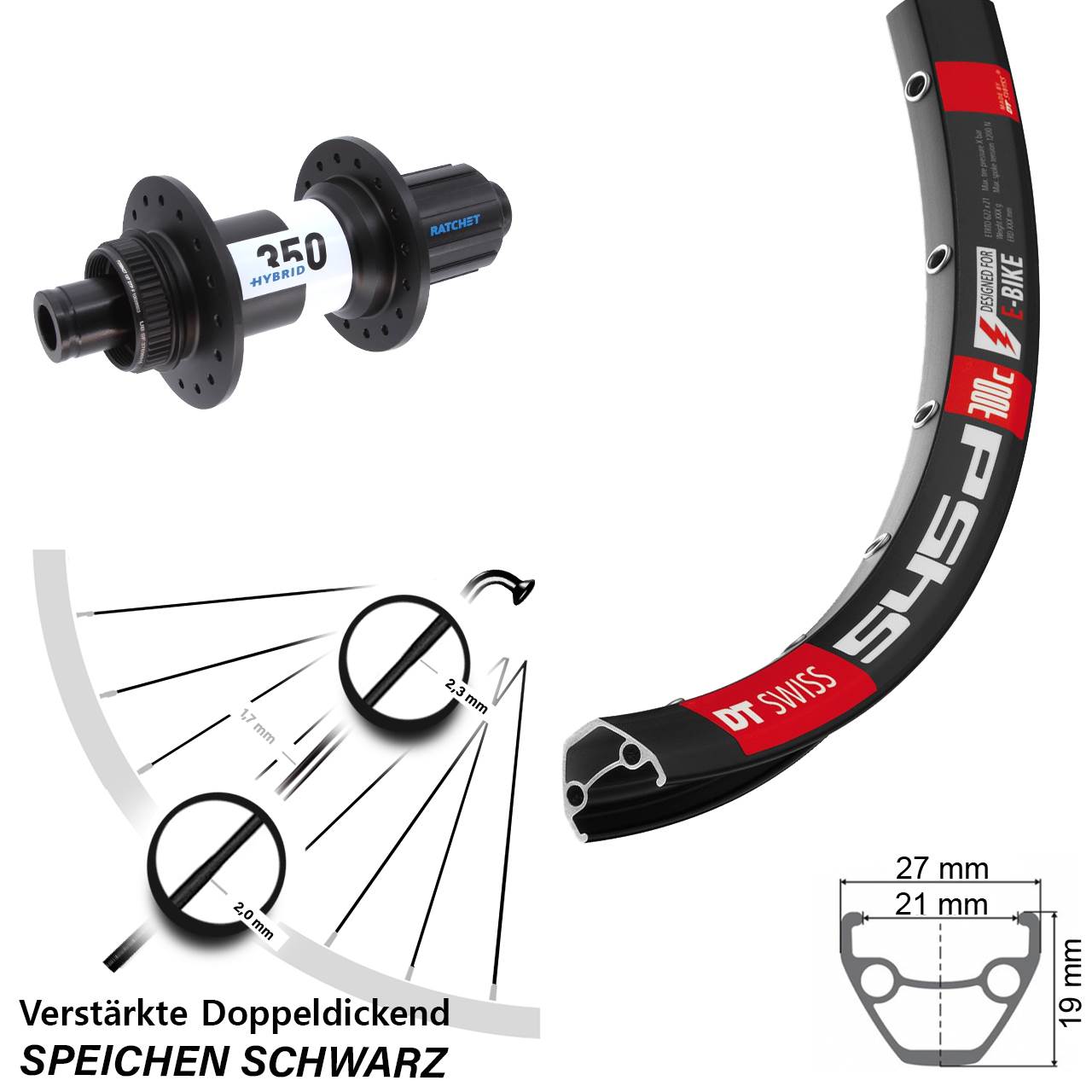 E-Bike 545d DT Swiss Hybrid 350 26 Zoll Hinterrad Centerlock 12x148 Boost 8-11 fach