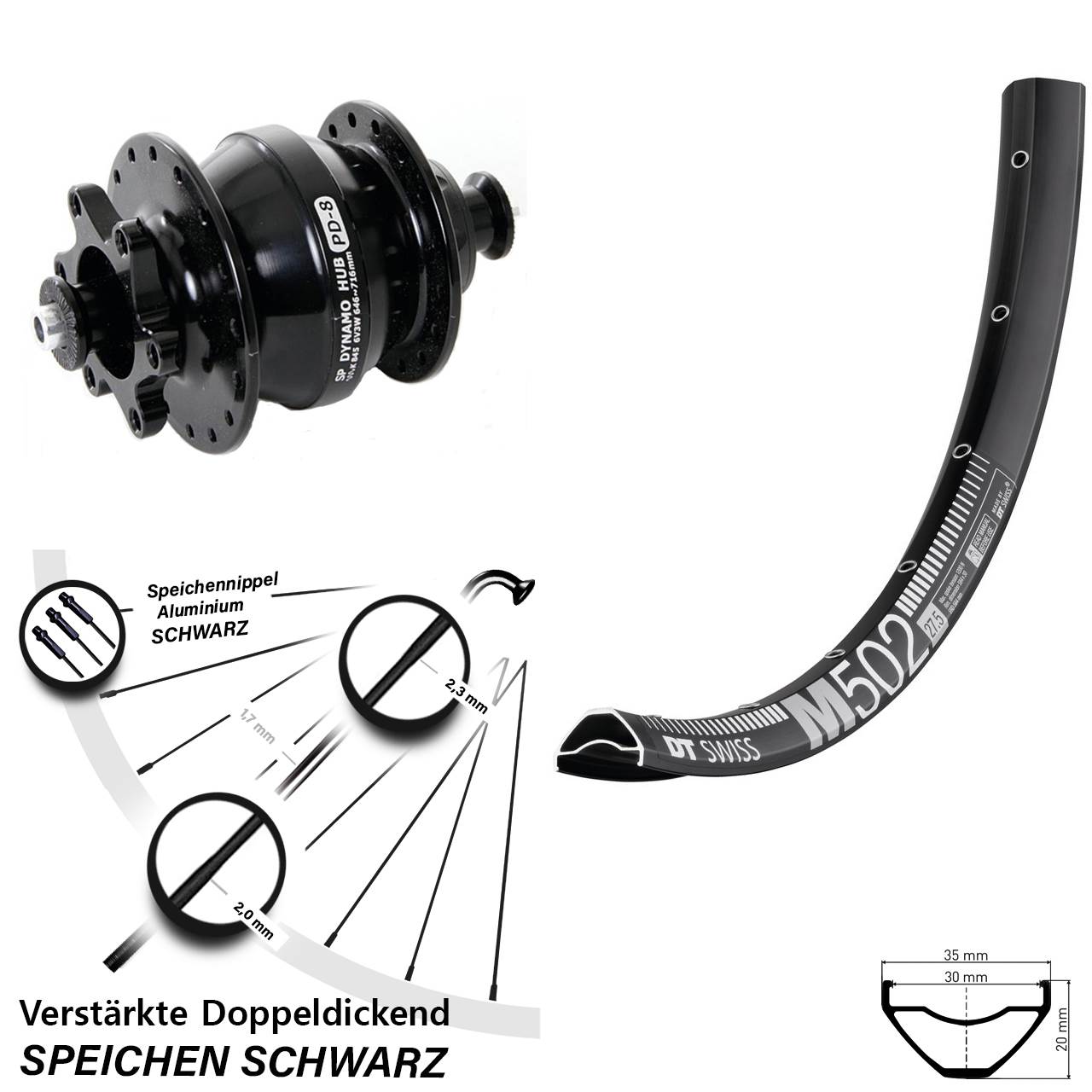 DT Swiss M502 SP PD-8 Disc 6-Loch 27,5 Zoll Vorderrad Nabendynamo Schnellspanner
