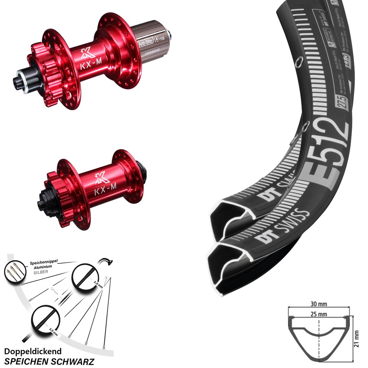 29 Zoll Laufradsatz Nabe rot eloxiert KX-M 6-loch DT Swiss E 512 Schnellspanner