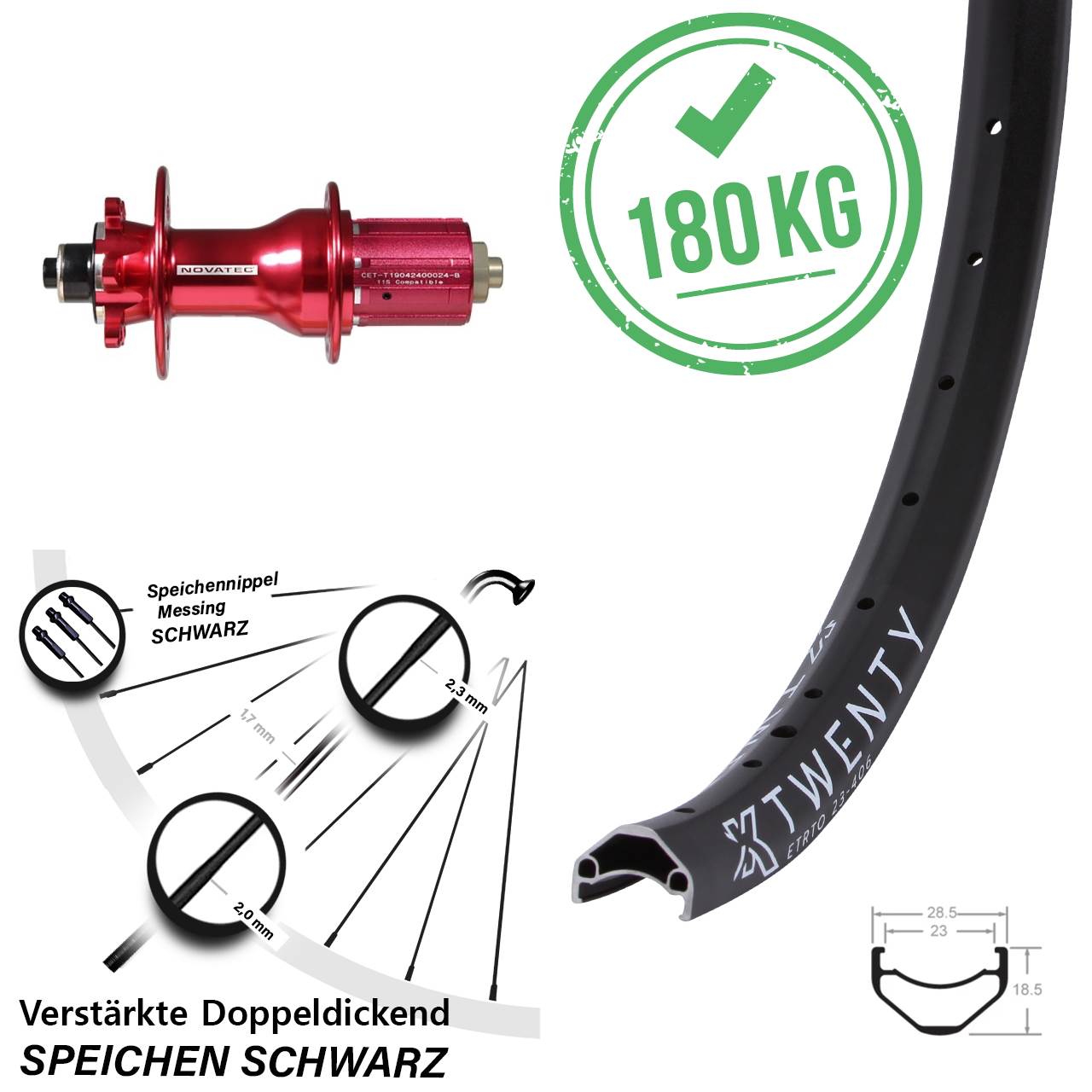 KX-M Twenty Hinterrad 20 Zoll Novatec 6-Loch rot für Schnellspanner 8-12 fach