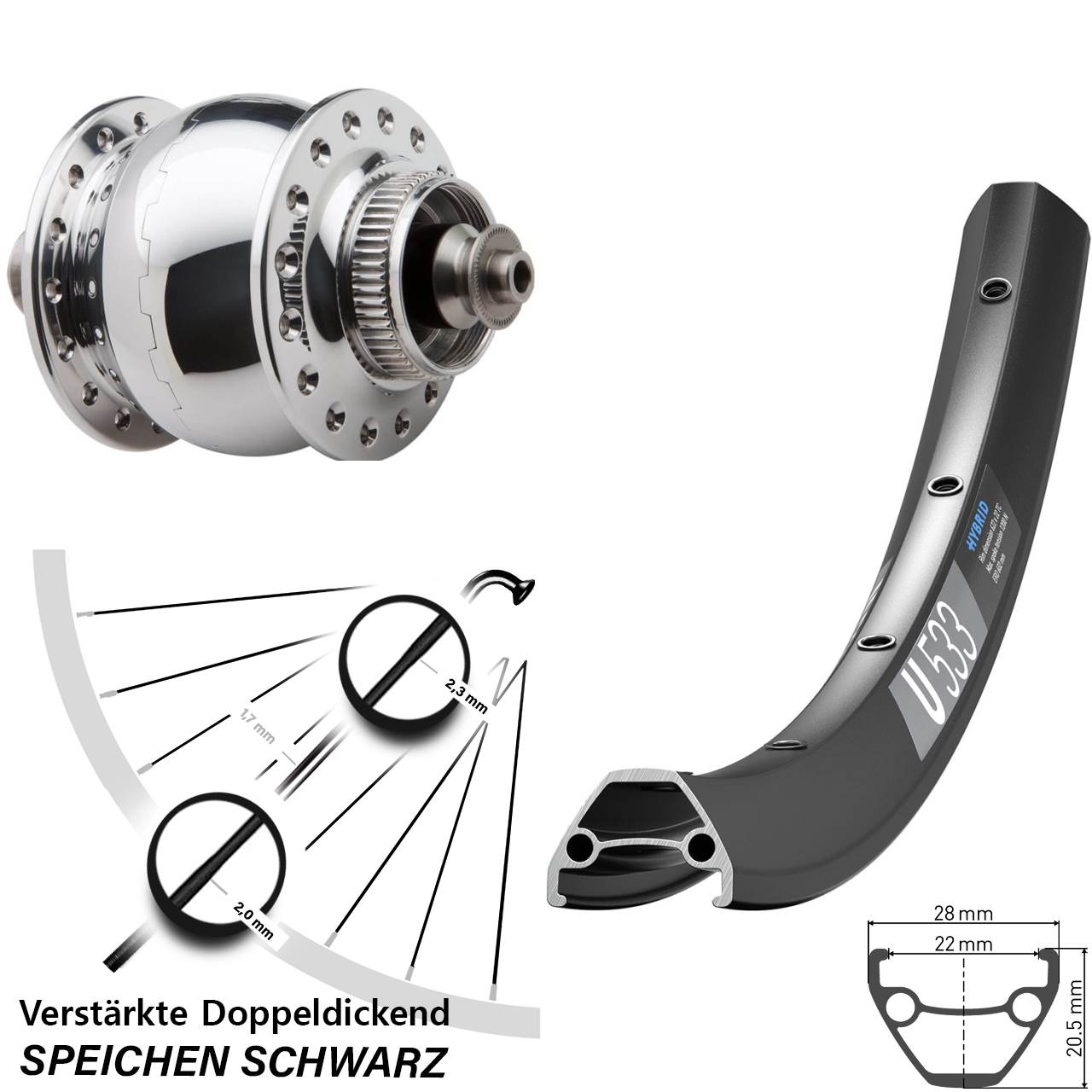 SON 28 DT Swiss U 533 29 Zoll Disc Laufrad mit Nabendynamo für Schnellspanner