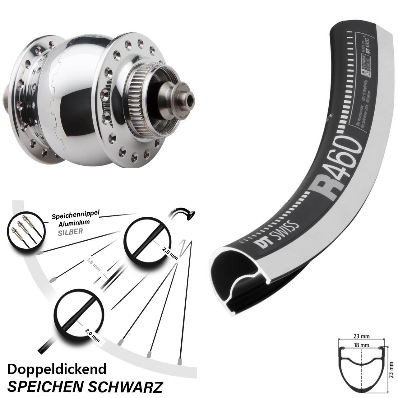 Vorderrad mit Nabendynamo DT Swiss R 460 SON 28 Zoll silber poliert