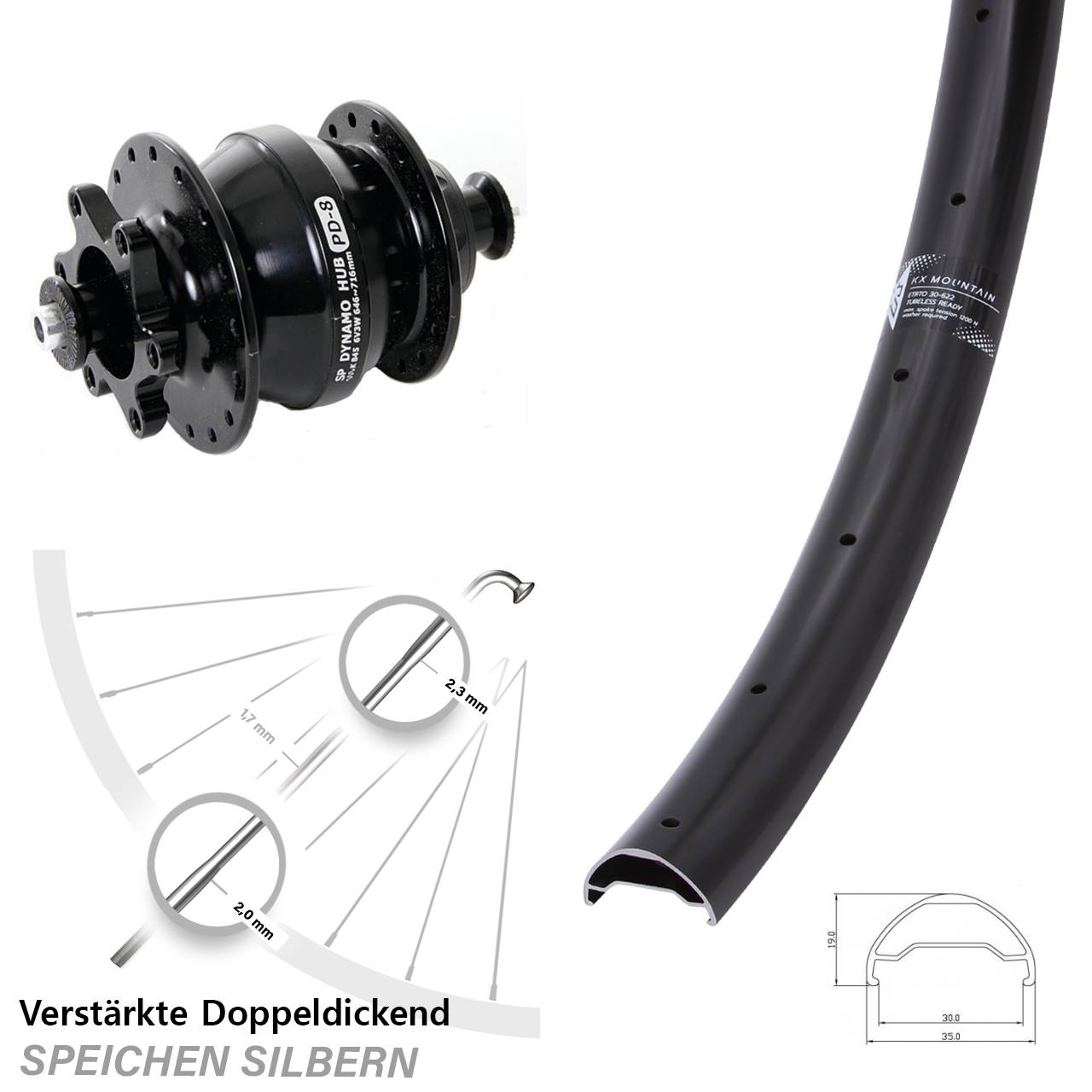 Nabendynamovorderrad 6-Loch QR 29 Zoll KX Mountain Shutter Precision PD-8