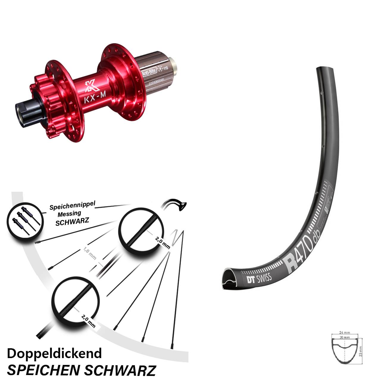 28 Zoll Hinteres Rad DT Swiss R 470 DB mit KX-M rot 12x142 mm 6-loch Steckachse 8-12 fach