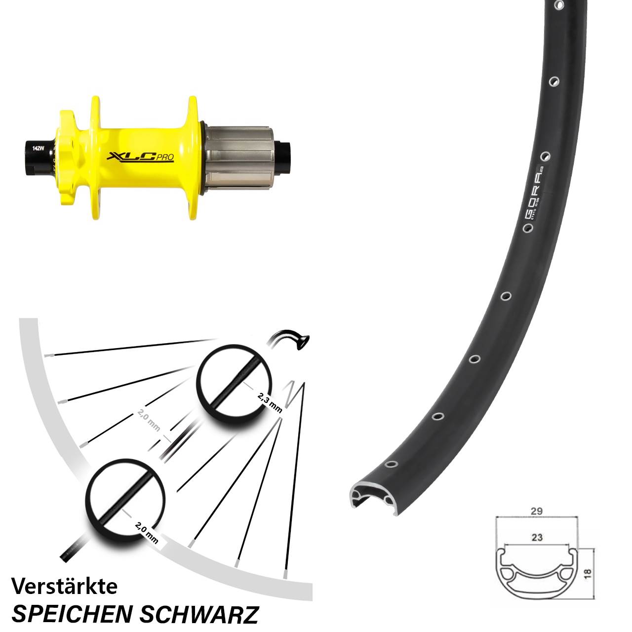 Hinterrad 6-Loch 28 Zoll Gora 23 XLC Pro gelb 8-11 fach HG 12x142