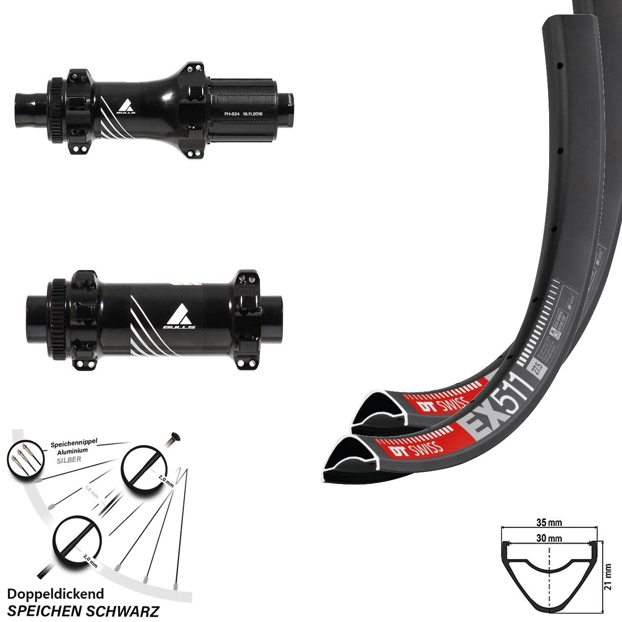 29 Zoll Laufradsatz DT Swiss EX 511 mit Nabe Formula Boost Straightpull für Tubeless