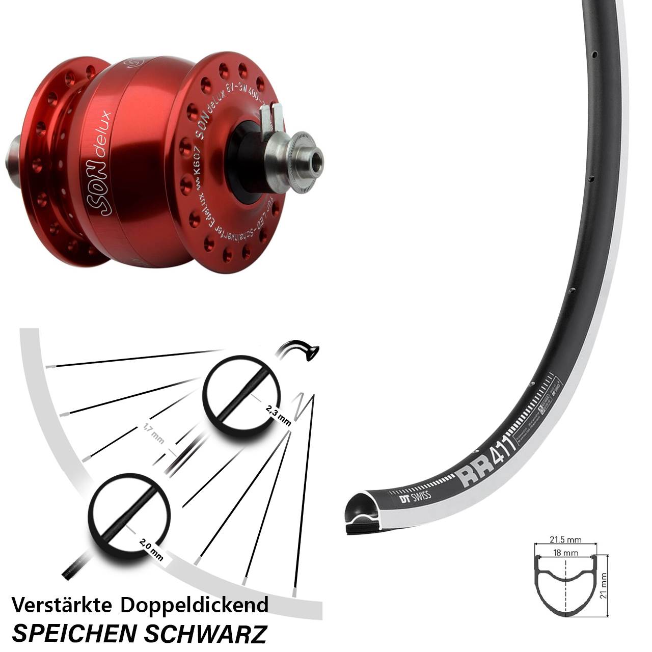 28 Zoll DT Swiss RR 411 CNC SONdelux rot Nabendynamovorderrad für Schnellspanner