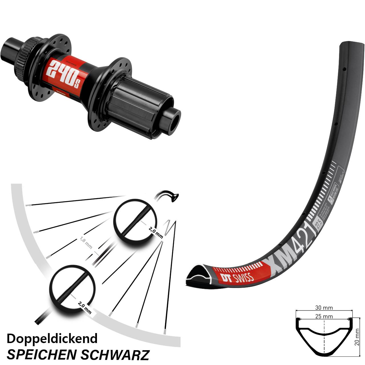schwarzes 29 Zoll Hinteres Rad XM 421 DT Swiss 240 Centerlock Boost 28 Speichen 8-11 fach
