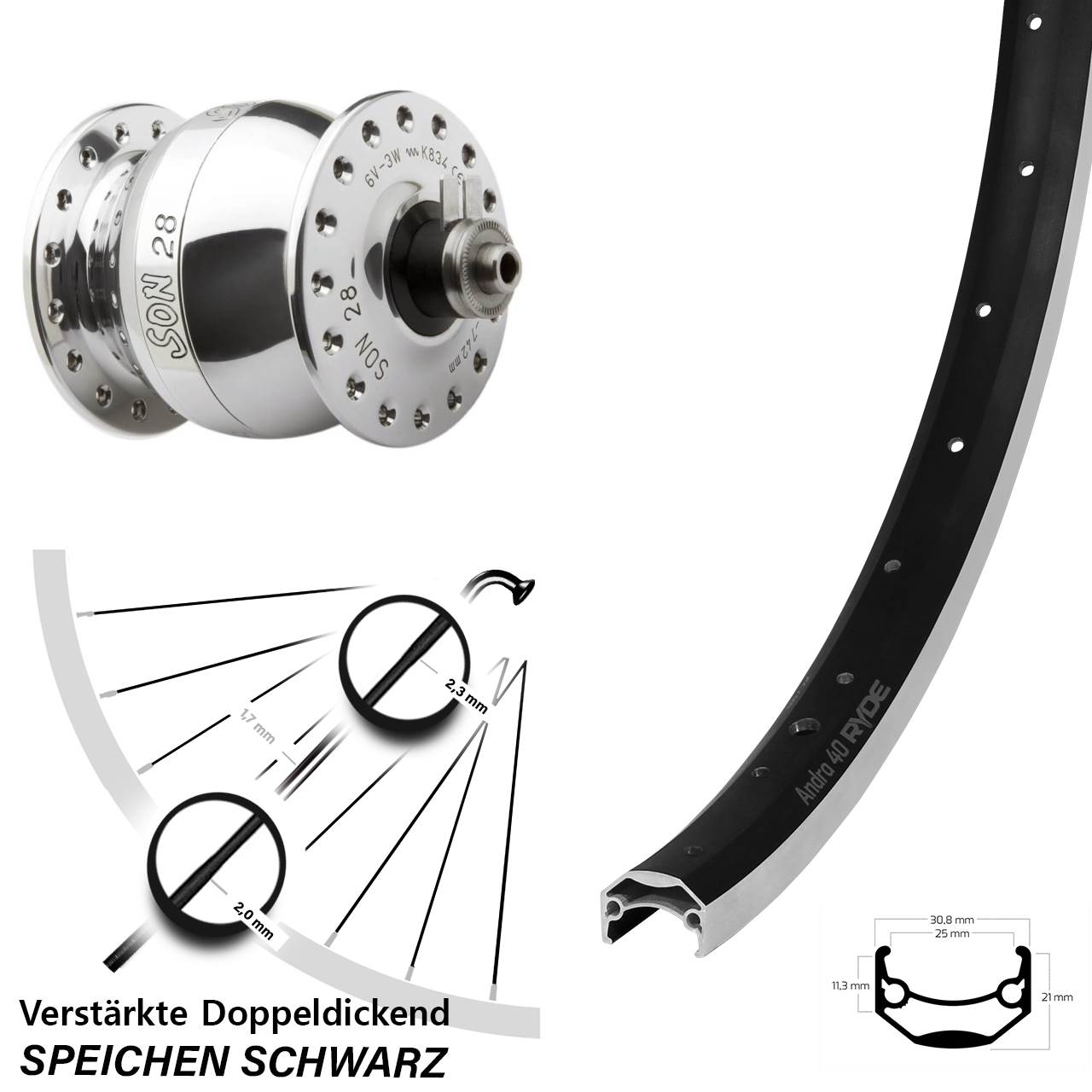 SON 28 Ryde Andra 40 20 Zoll Vorderrad mit Nabendynamo für Schnellspanner