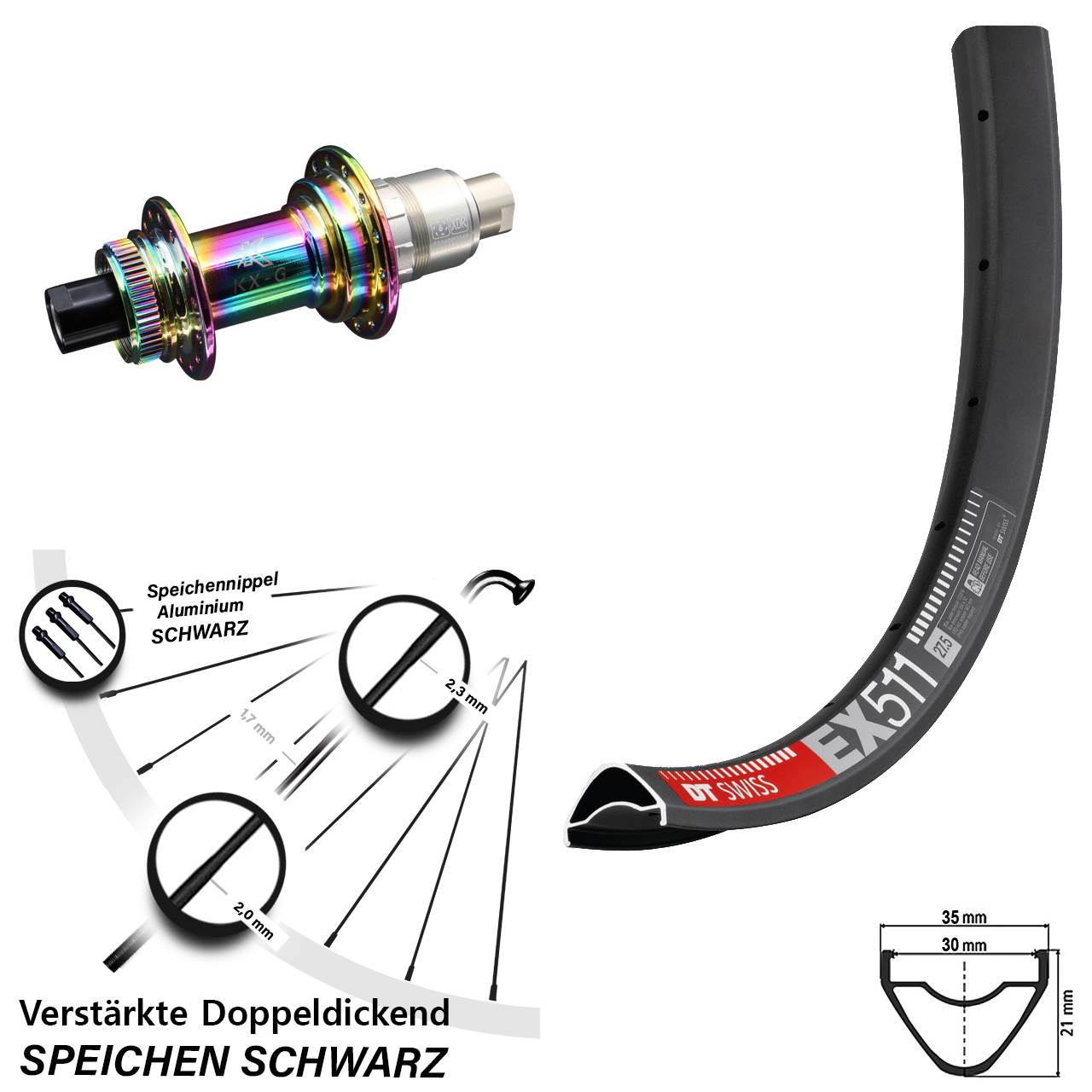 Disc Hinterrad 12x142 27,5 Zoll DT Swiss EX 511 KX-G Oilslick SRAM XDR