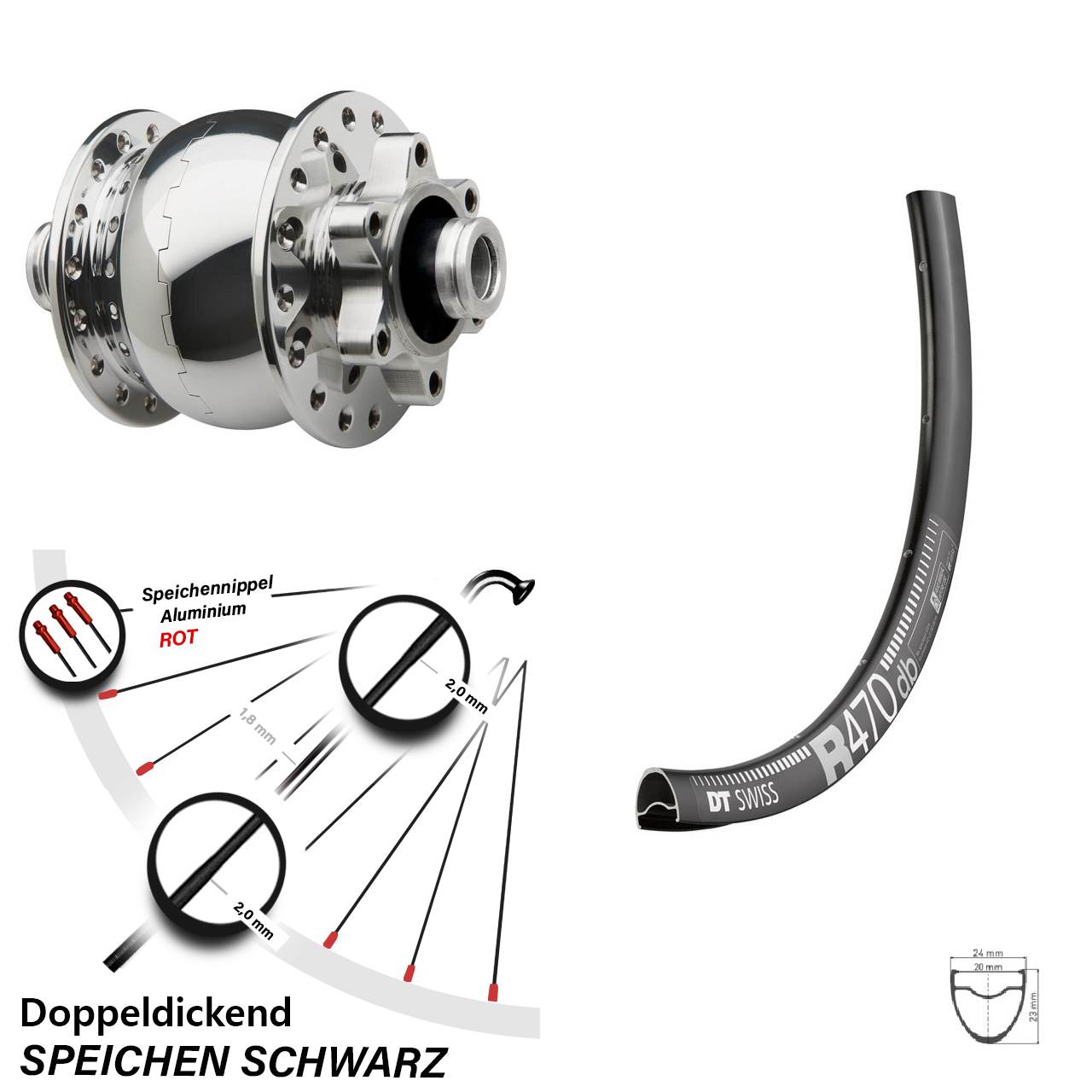 28 Zoll Vorderrad mit Nabendynamo DT Swiss R 470 Son 28-12 silbern poliert Steckachse