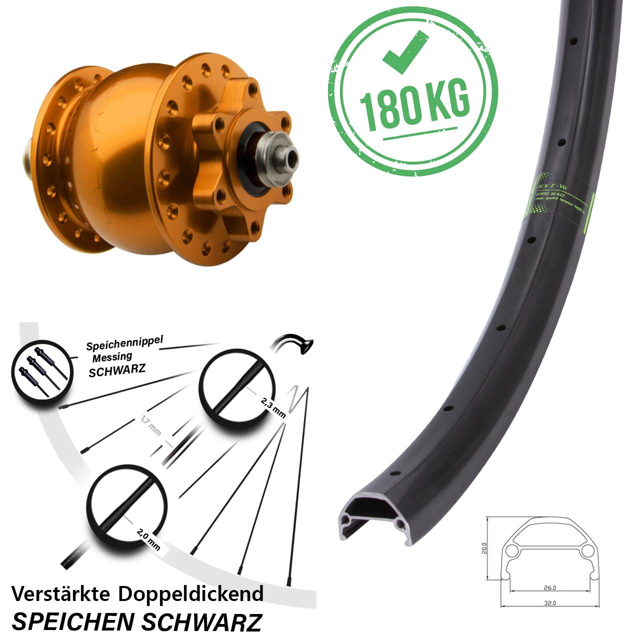 Disc Vorderrad mit Nabendynamo 20 Zoll KX Evo SON 28 orange QR