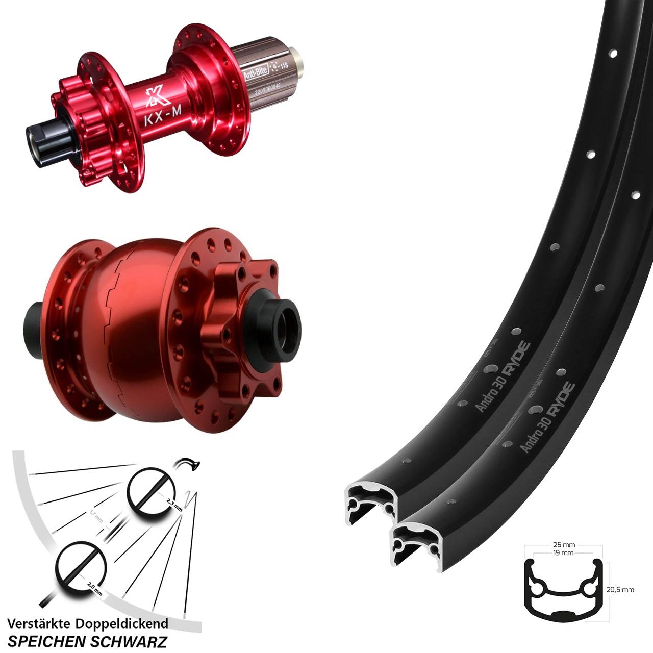 Ryde Andra 30 KX-M rot SON 28 Zoll Laufradsatz 6-Loch 15x100 12x142 8-12 fach HG