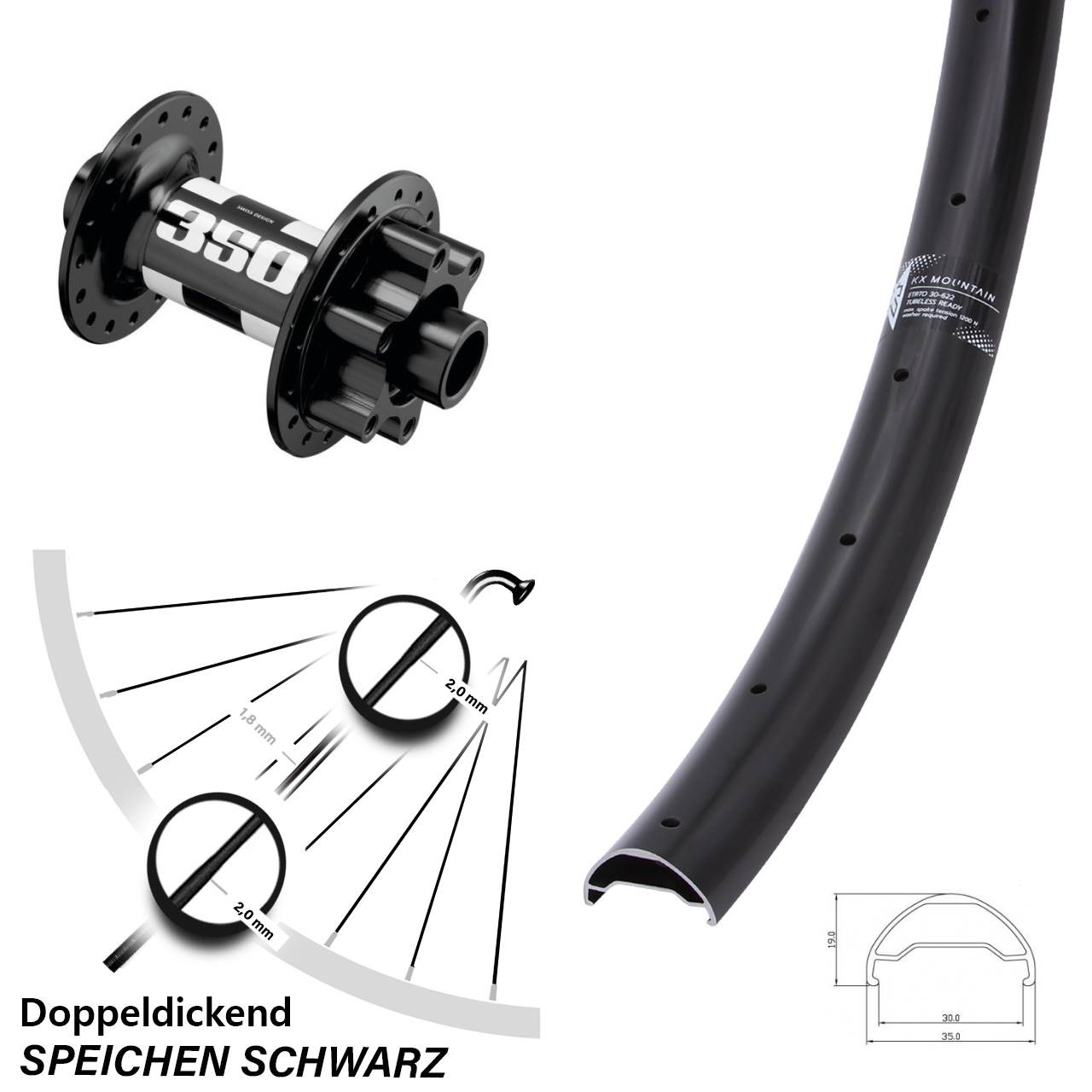 29 Zoll Vorderrad KX Mountain TR mit DT Swiss 350 Boost Nabe 15x110 mm 6-Loch