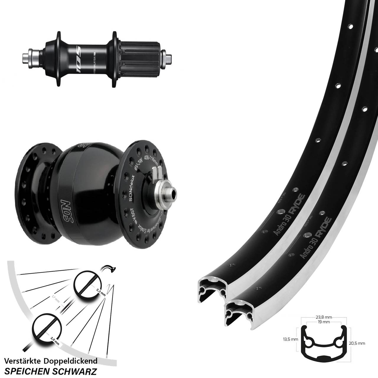 Laufrad-Satz 28 Zoll Ryde Andra 30 Shimano FH-R7000 SONdelux wide body 8-12 fach QR