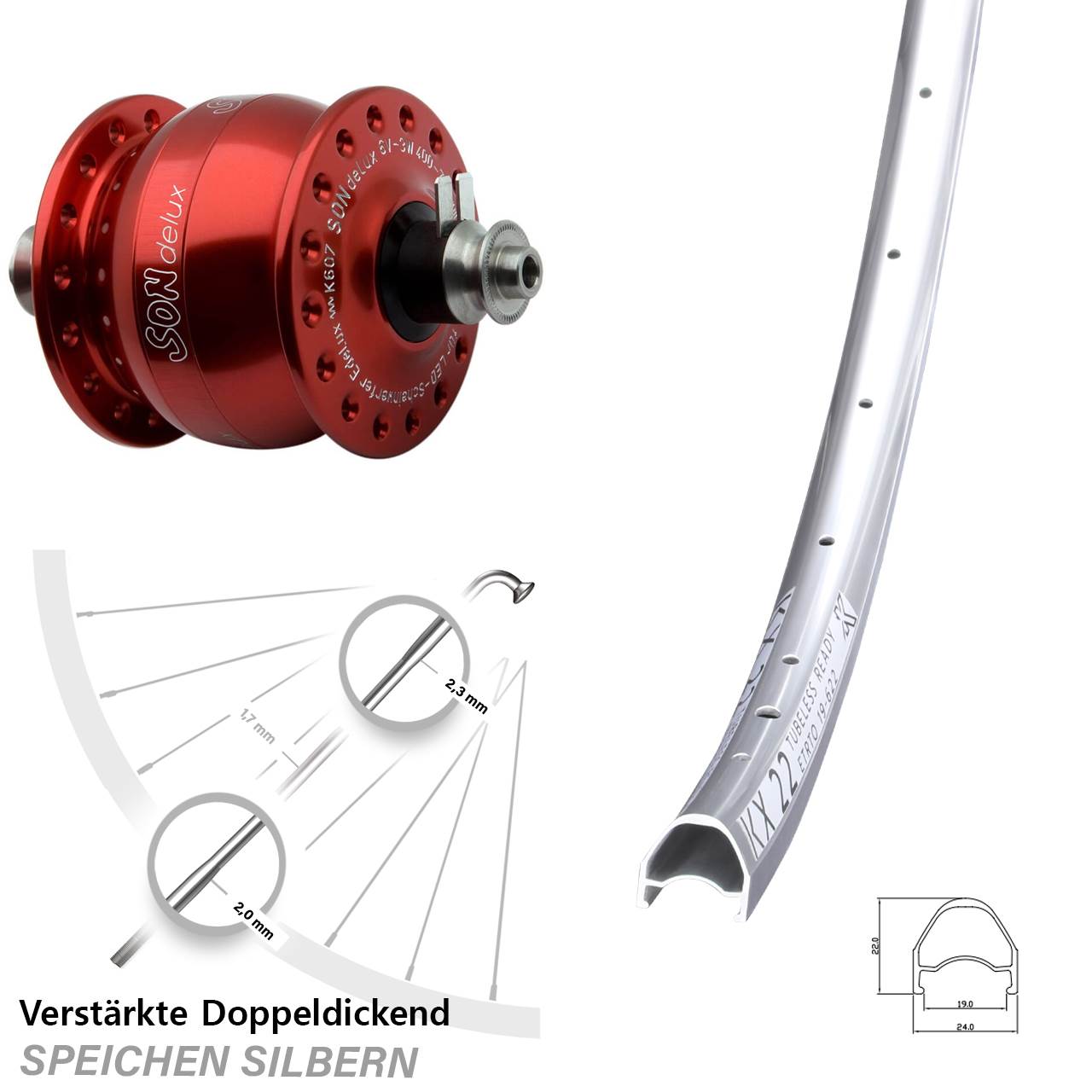 Vorderrad mit Nabendynamo für Schnellspanner 28 Zoll KX 22 SONdelux rot