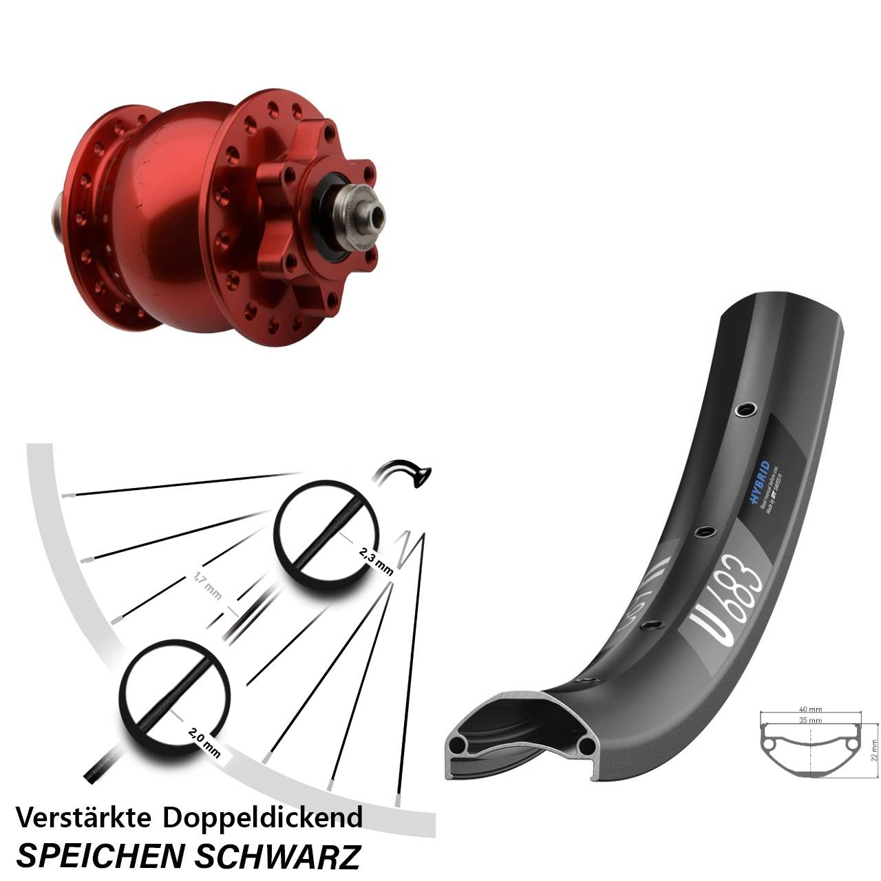 Disc Laufrad mit Nabendynamo 27,5 Zoll DT Swiss U 683 SON 28 rot für Schnellspanner