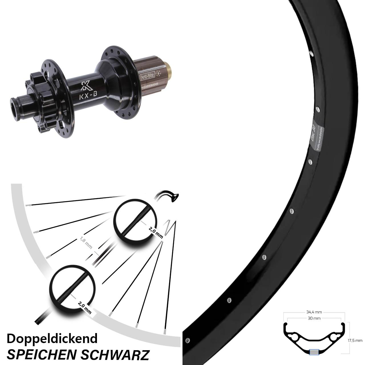 27,5 Zoll Ryde Disc 30 Hinterrad KX-B 6-Loch 12x148