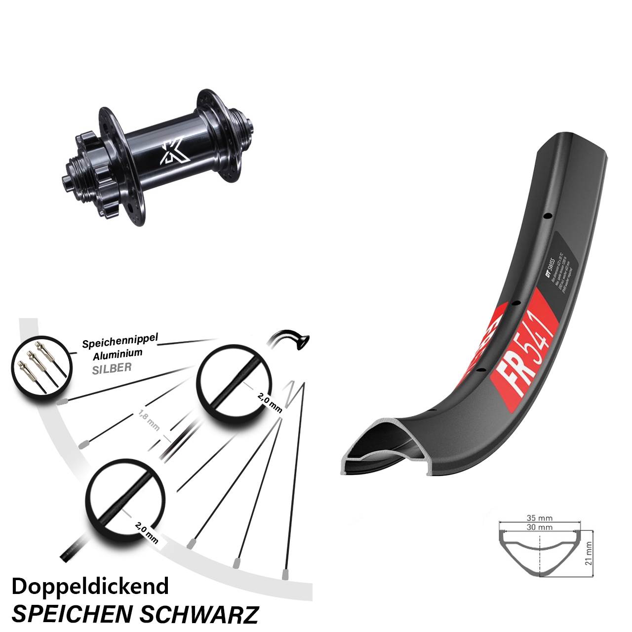 6-Loch Vorderrad QR 29 Zoll DT Swiss FR541 KX-M