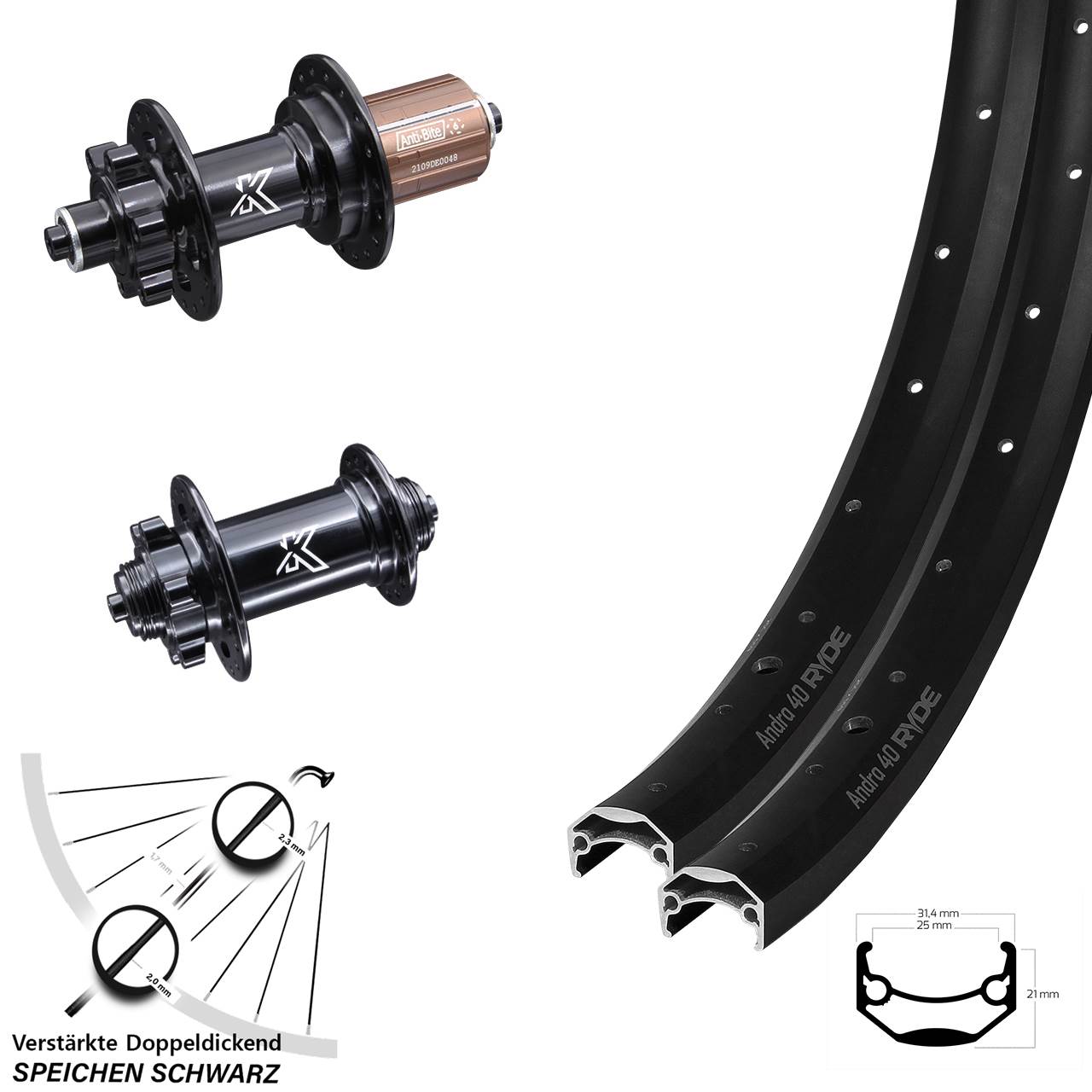 Laufradsatz 28-29 Zoll KX-M Schnellspanner Ryde Andra 40 Disc Sapim E-Light verstärkt