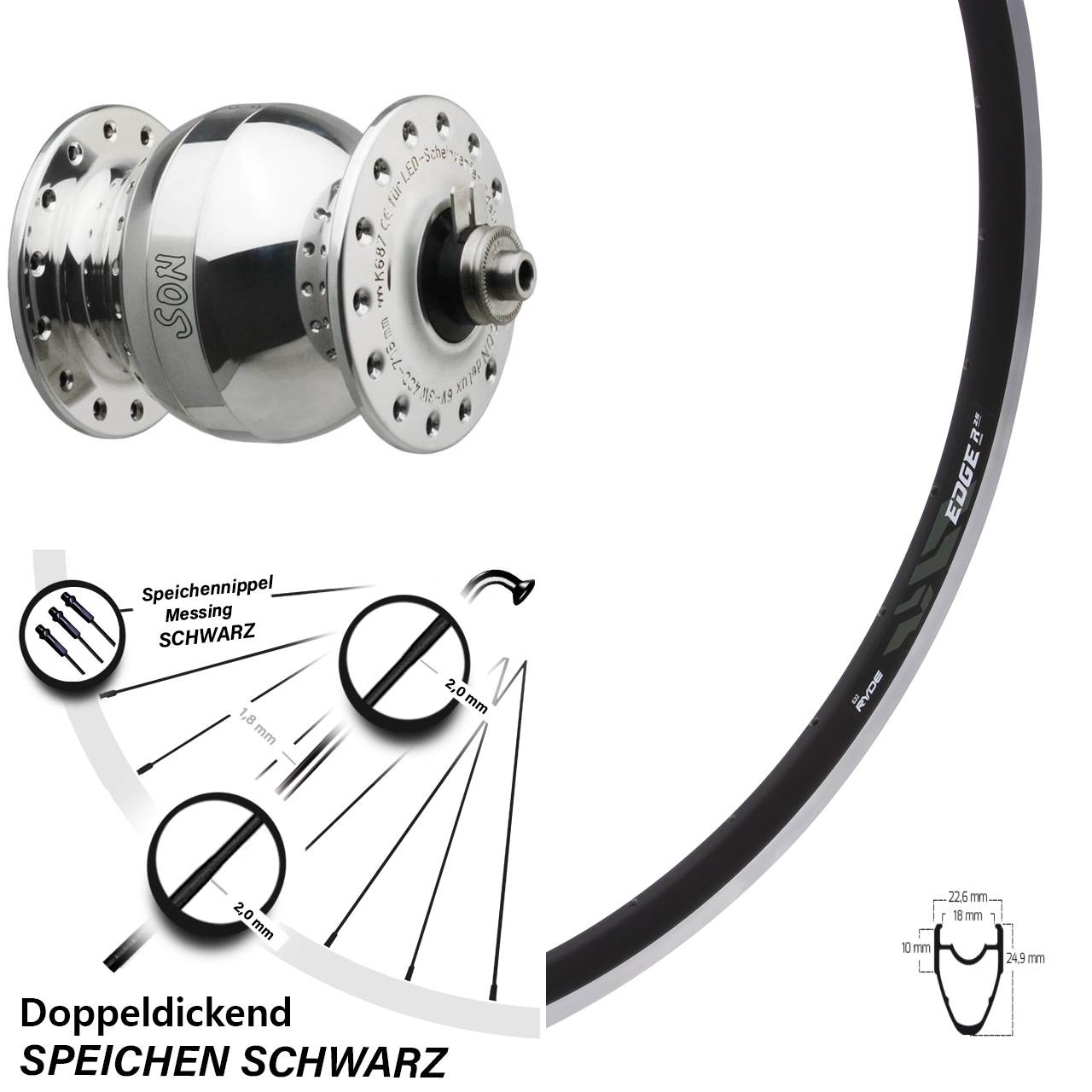 Vorderrad 28 Zoll Ryde Edge R25 Felgenbremse Dynamo SON delux Wide Body silbern poliert