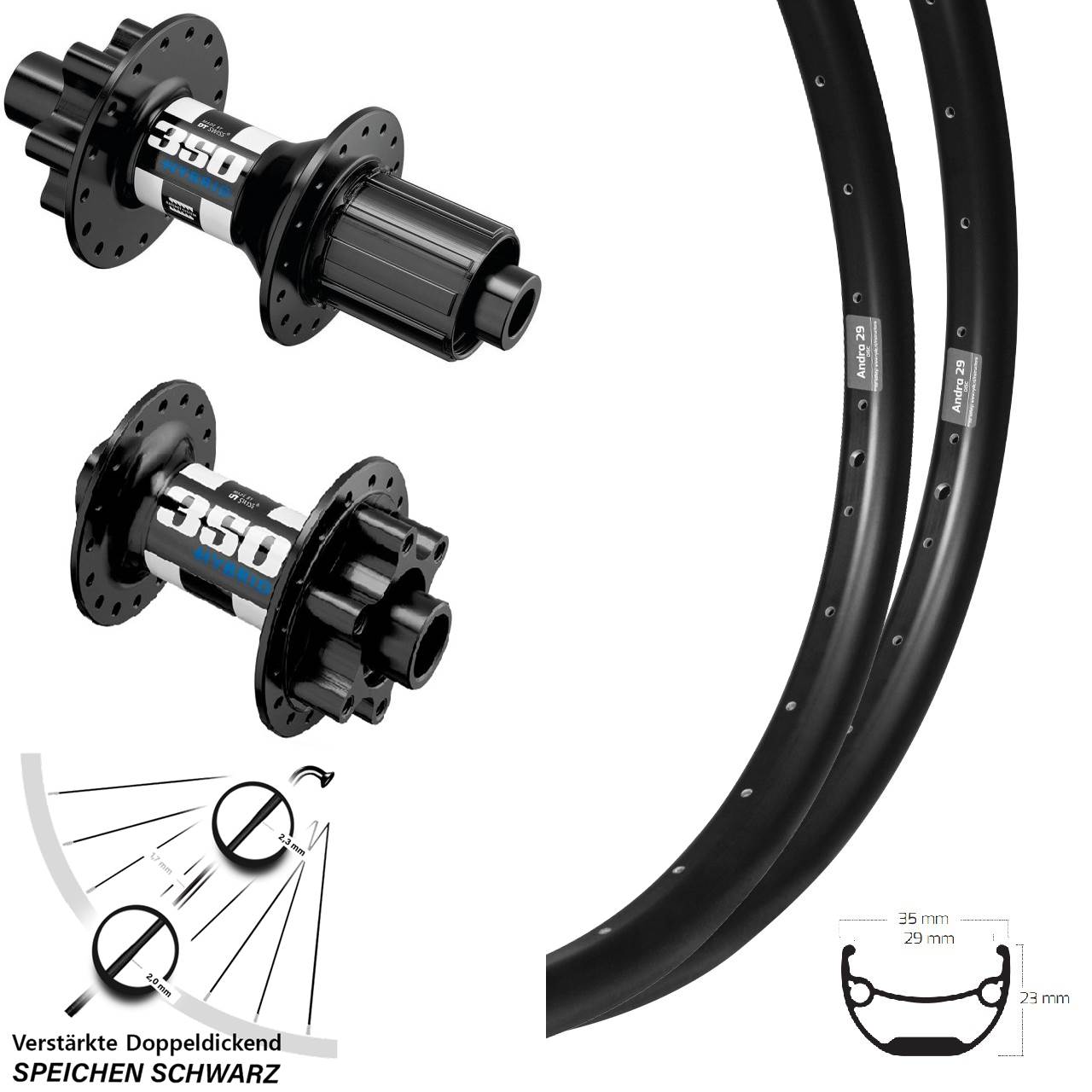 Ryde Andra 29 DT Swiss 350 Hybrid 20 Zoll Disc Laufradsatz 15x110 12x148 8-11 fach