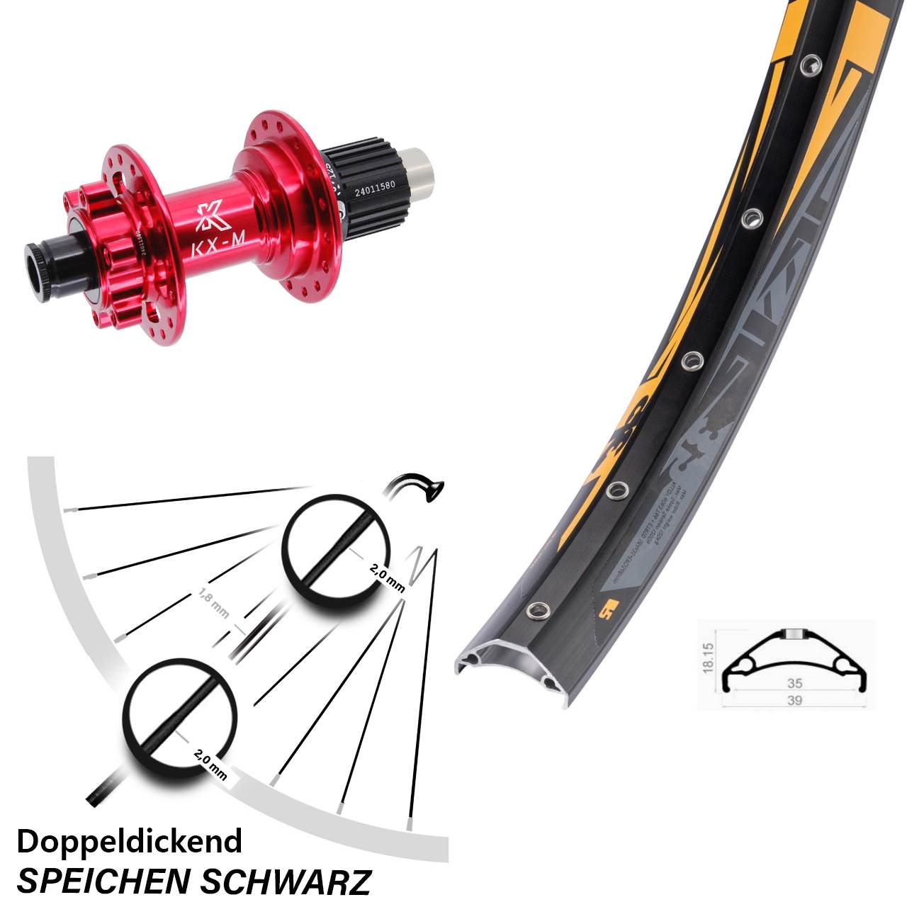 Hinterrad 27,5 Zoll Rodi TRYP 35 KX-M rot Micro Spline 12x142