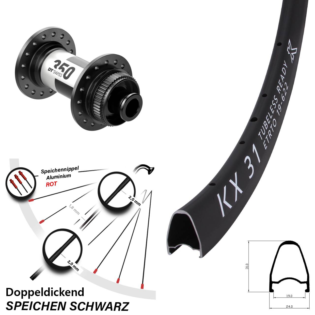 Laufrad 28 Zoll KX 31 Disc DT Swiss 350 12x100 Centerlock