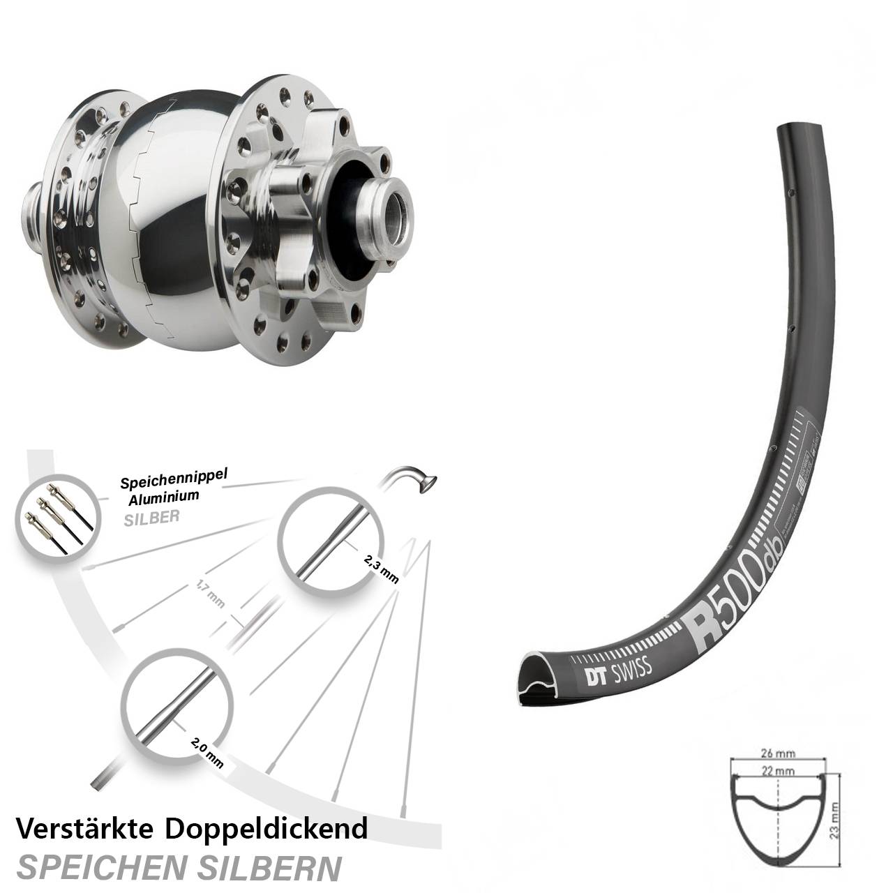 Vorderrad Dynamo DT Swiss R 500 SON 28-12x100 Disc silbern poliert